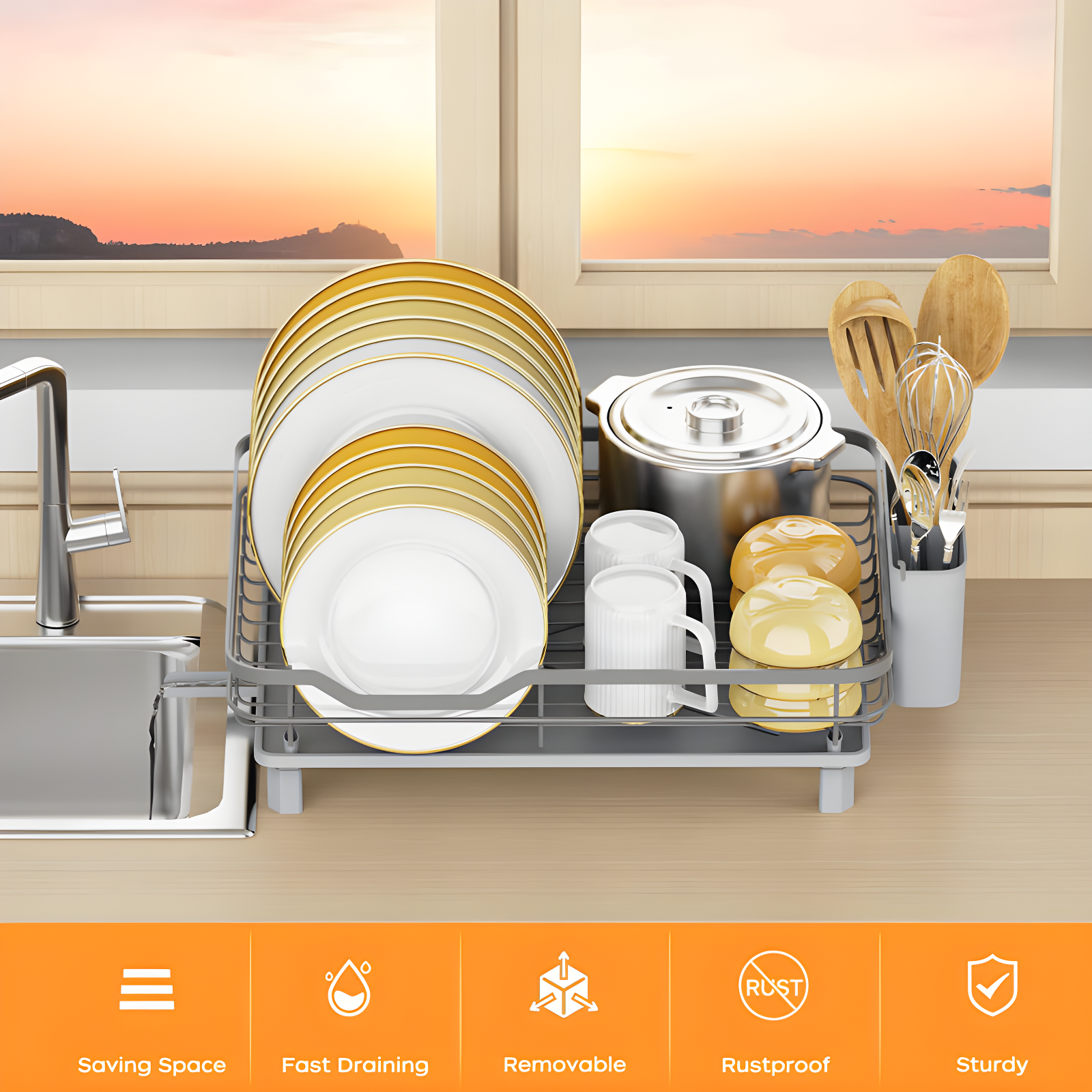 COAHAHA Space-Saving Gray Stainless Steel Dish Drying Rack - Sturdy, Portable, Easy Drainage