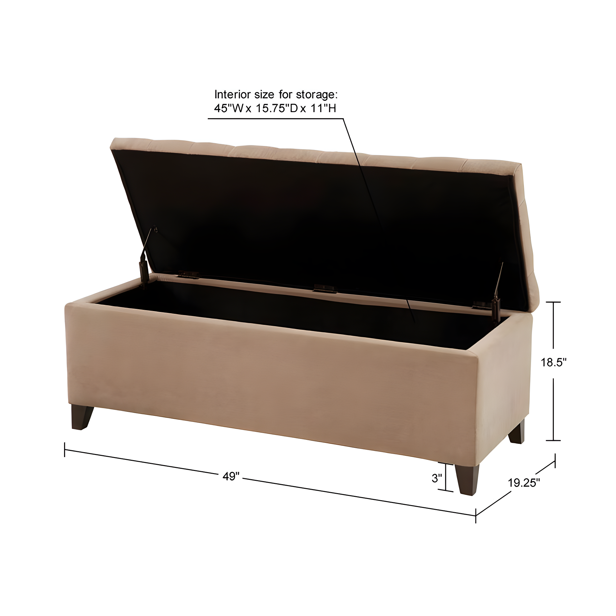 Shandra Bench Storage Ottoman with Tufted Top - Sand: Upholstered Bedroom Ottoman, Wood Legs, No Assembly Required