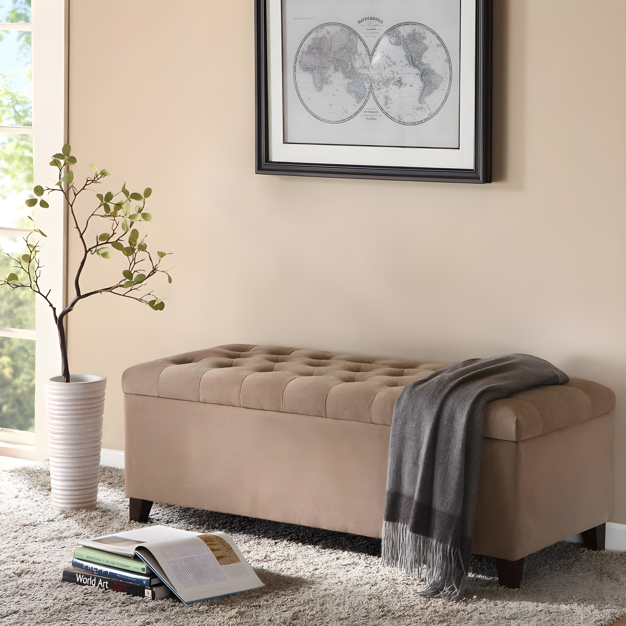 Shandra Bench Storage Ottoman with Tufted Top - Sand: Upholstered Bedroom Ottoman, Wood Legs, No Assembly Required