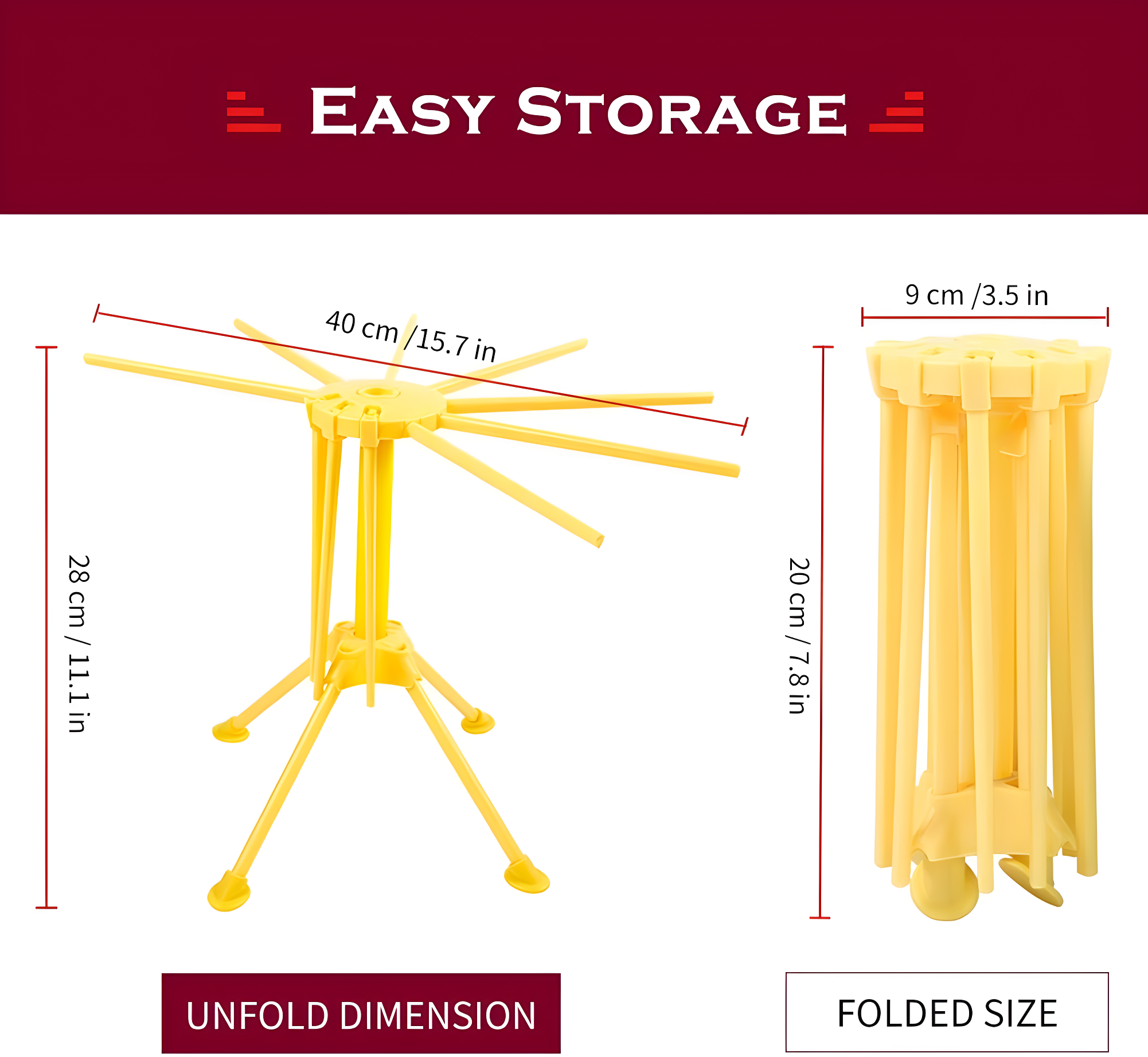 Foldable Pasta Drying Rack, Plastic Collapsible Spaghetti Hanger Noodle Dryer Stand with 10 Bar Handles for Homemade Fresh Pasta, Stable, Easy Storage, Quickly Set Up (Yellow)