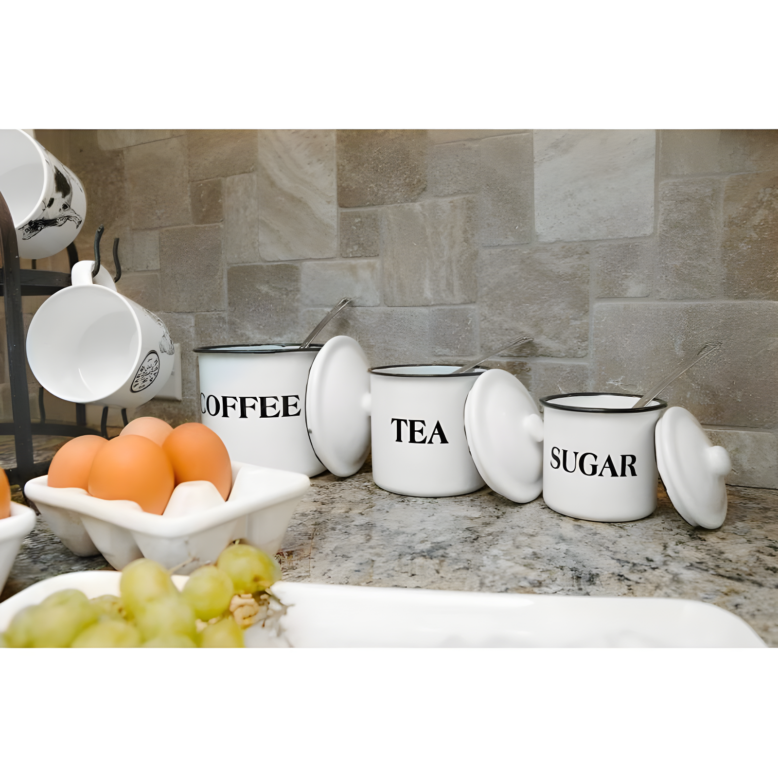 Storied Home Set of 3 'Coffee Tea Sugar' Metal Containers with Lid: Kitchen Canister Set for Coffee & Tea Storage