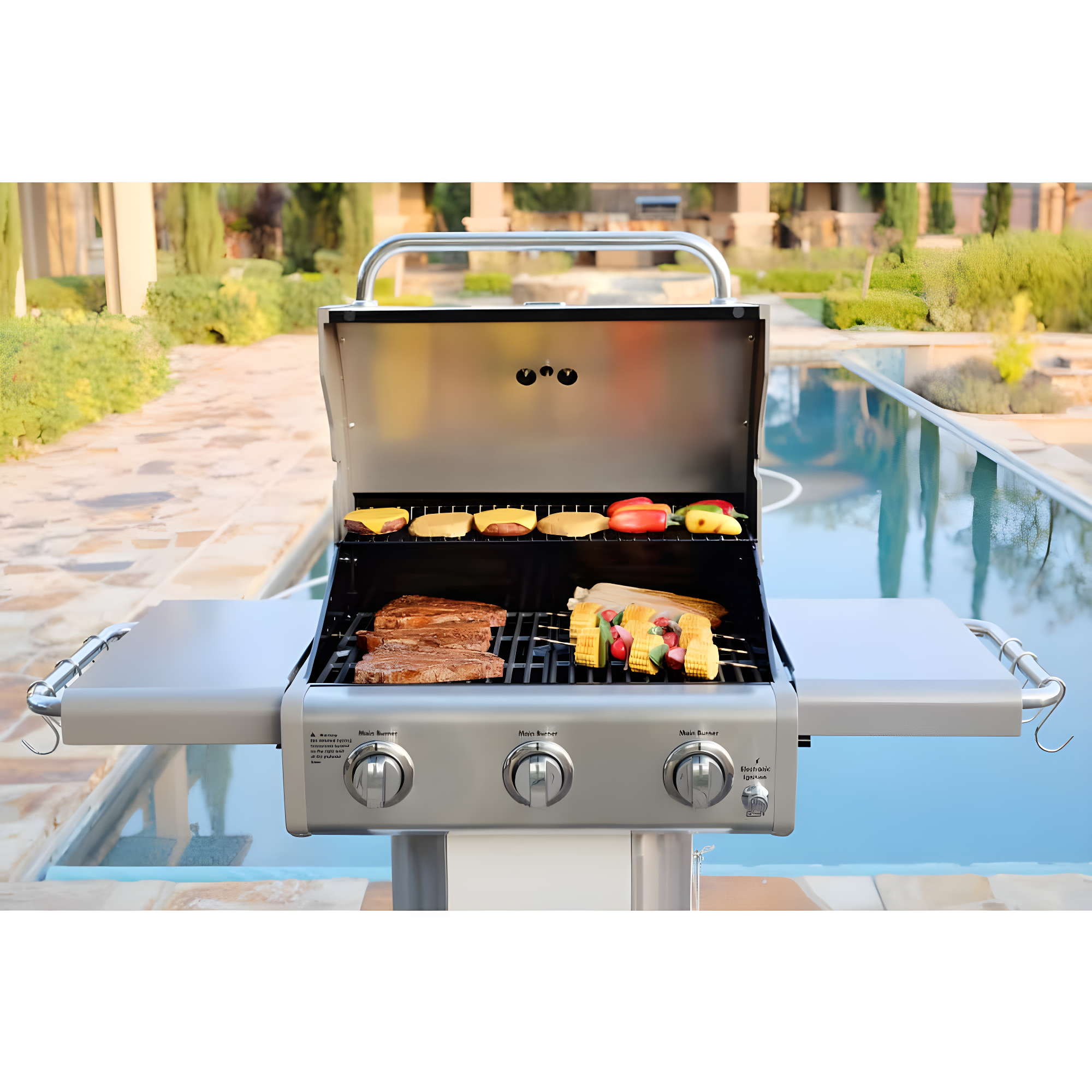 Kenmore 3-Burner Propane Gas Grill with Foldable Side Tables for Outdoor BBQ