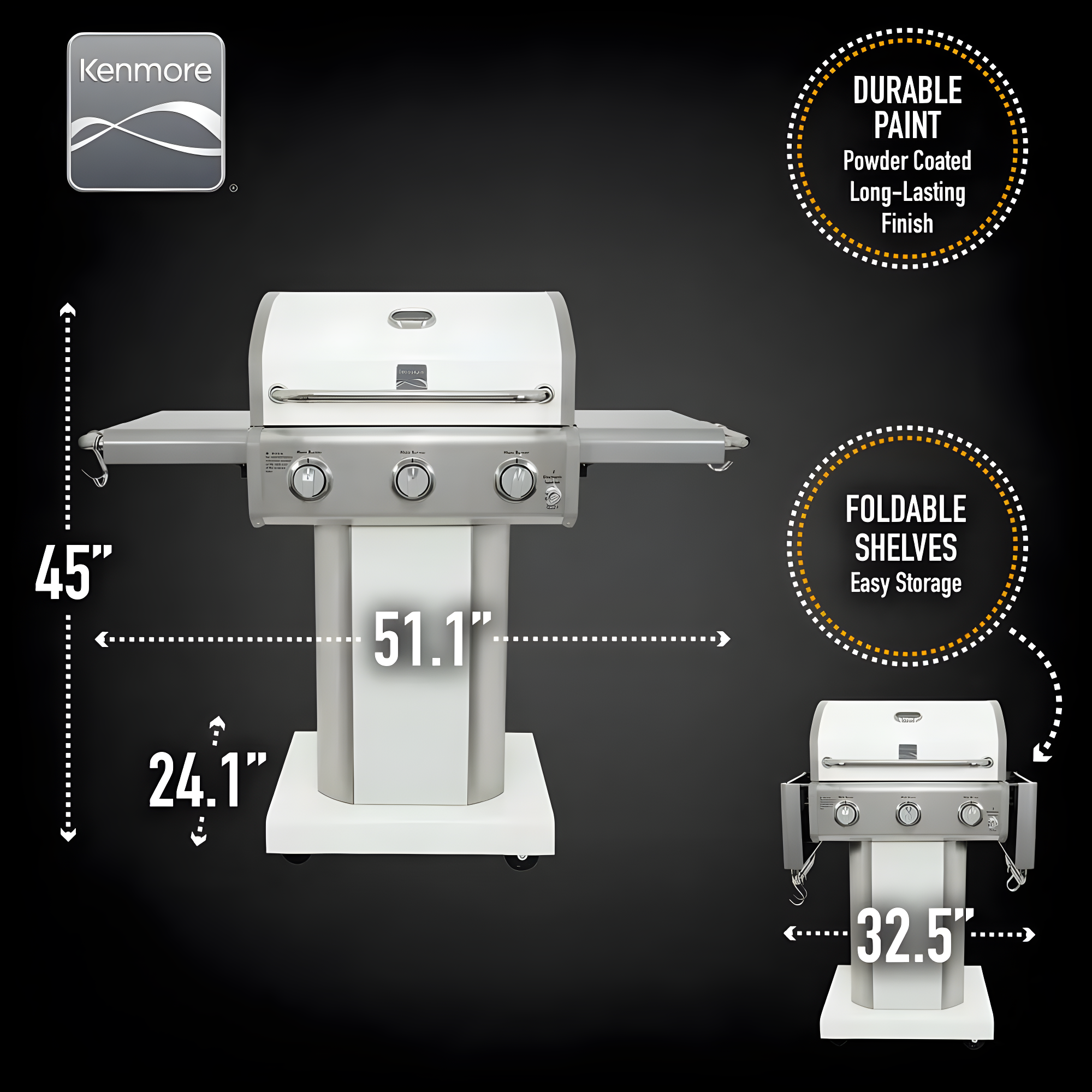 Kenmore 3-Burner Propane Gas Grill with Foldable Side Tables for Outdoor BBQ