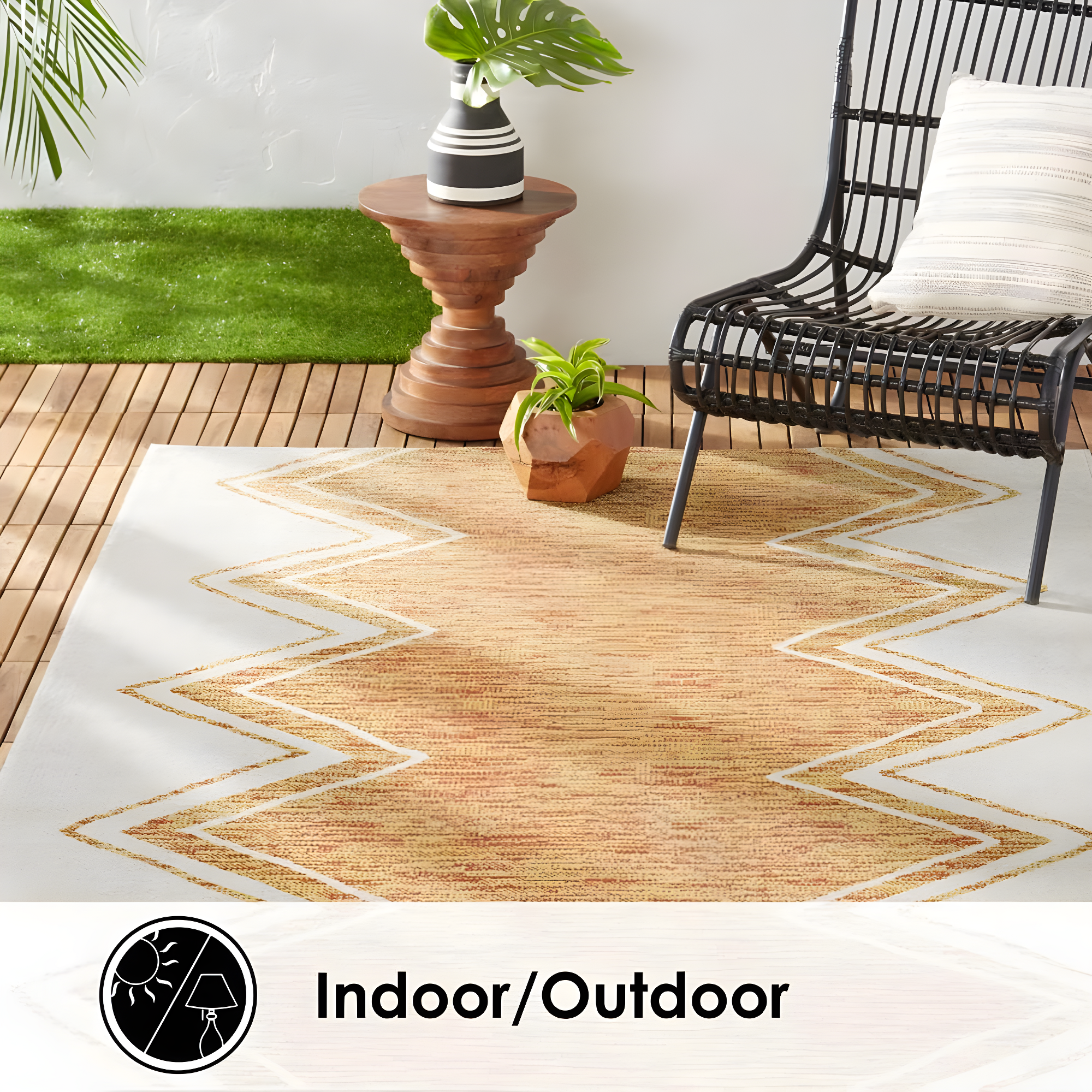 Nicole Miller New York Patio Sofia Indoor/Outdoor Area Rug, Ivory/Mustard