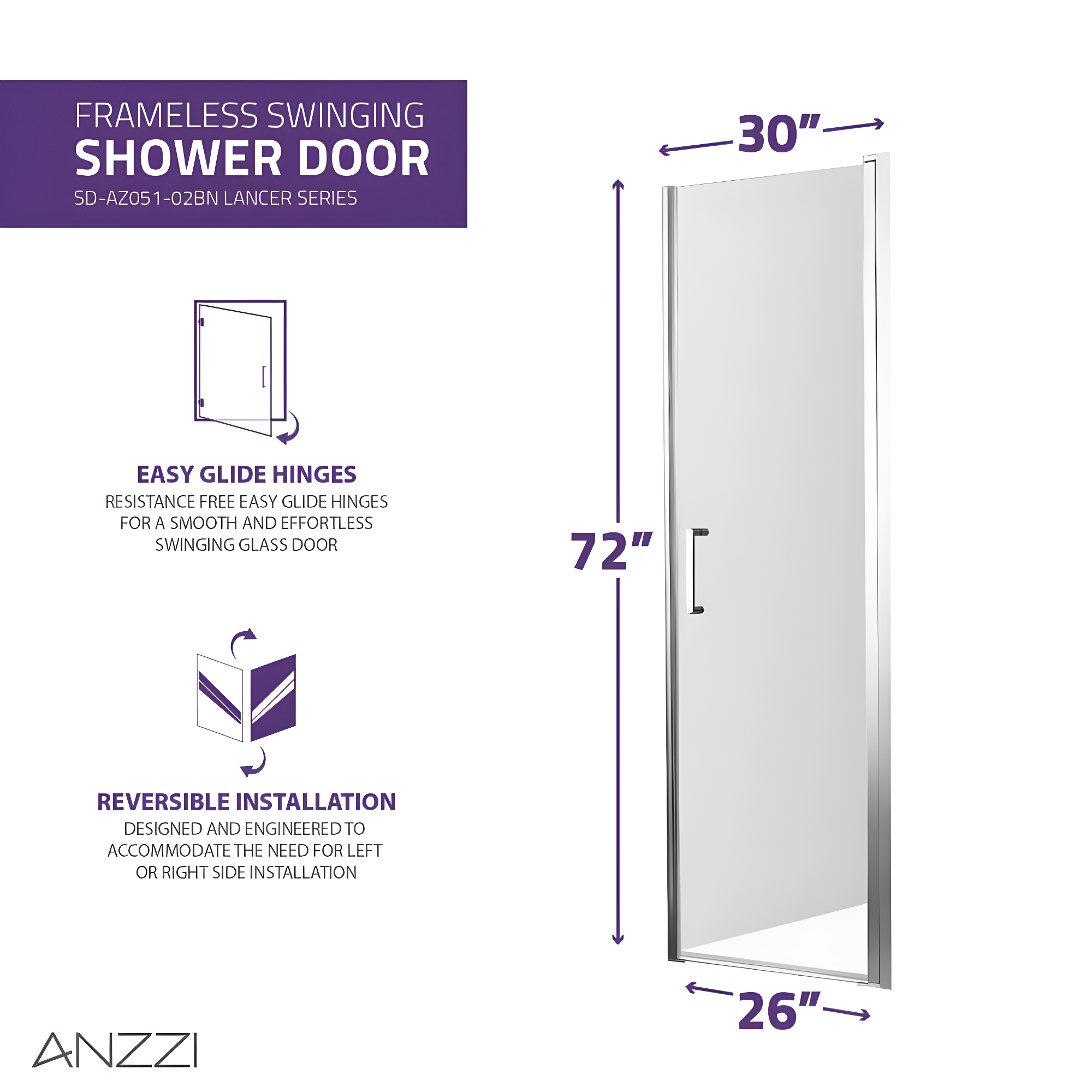Lancer Series 29" W x 72" H Hinged Semi-Frameless Shower Door