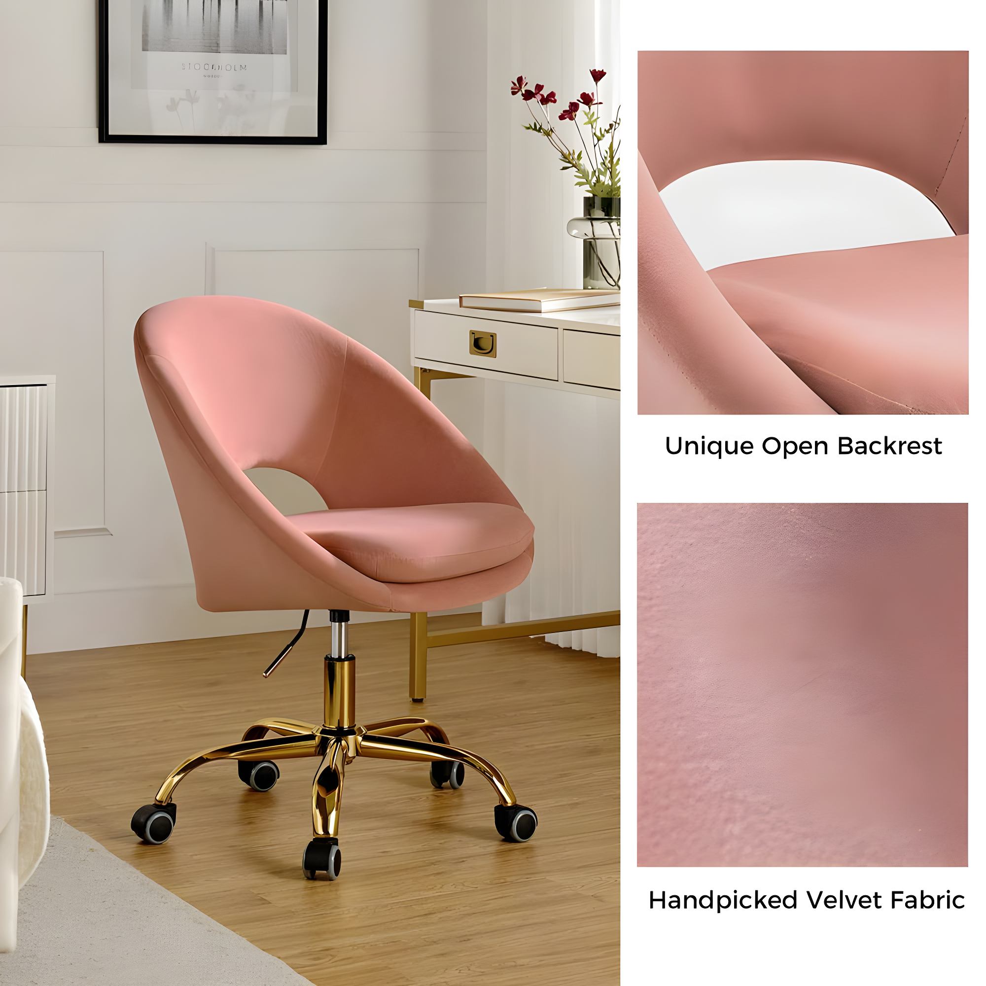 HULALA HOME Ramona Modern Velvet Height Adjustable 360 Swivel Task Chair with Metal Base by  Pink