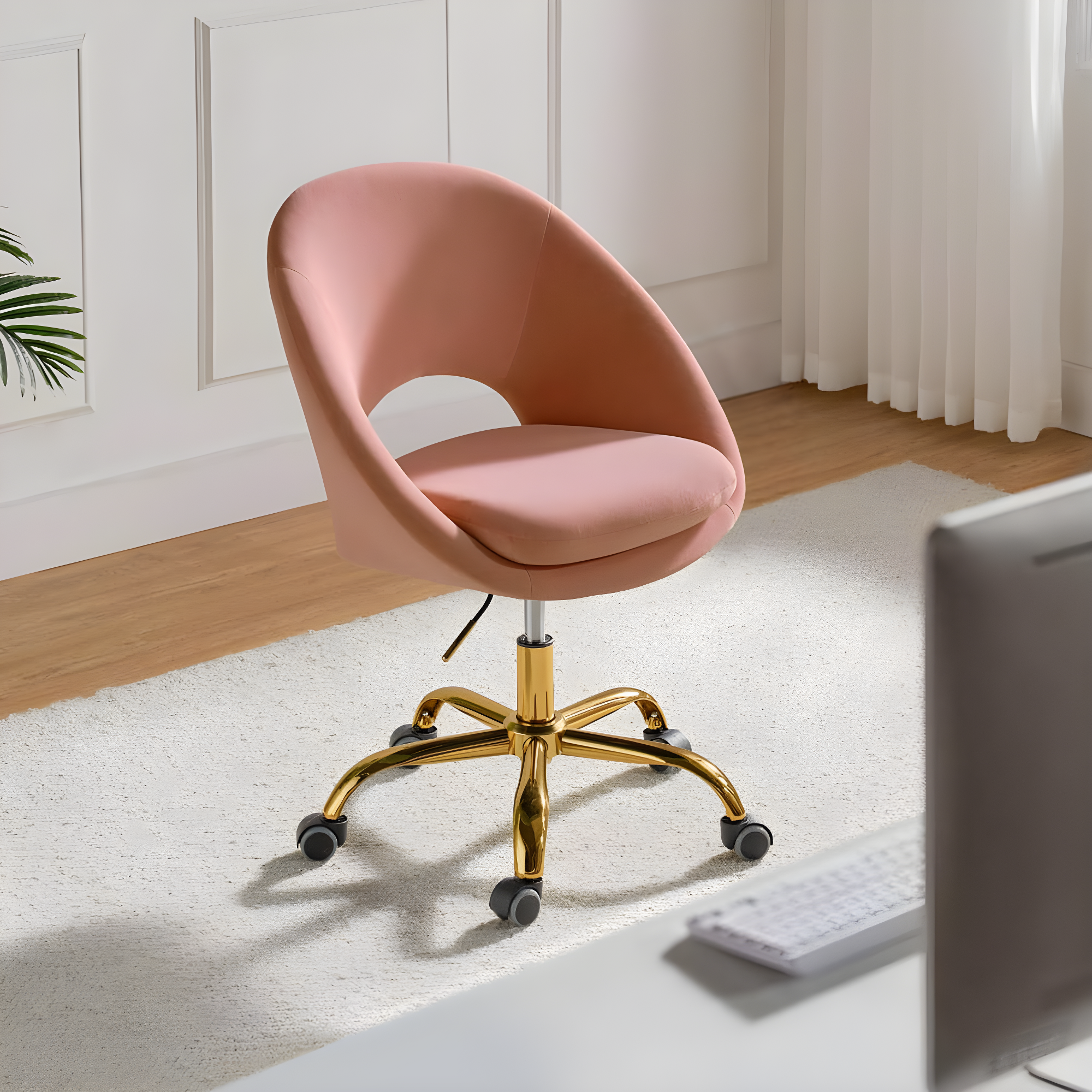 HULALA HOME Ramona Modern Velvet Height Adjustable 360 Swivel Task Chair with Metal Base by  Pink
