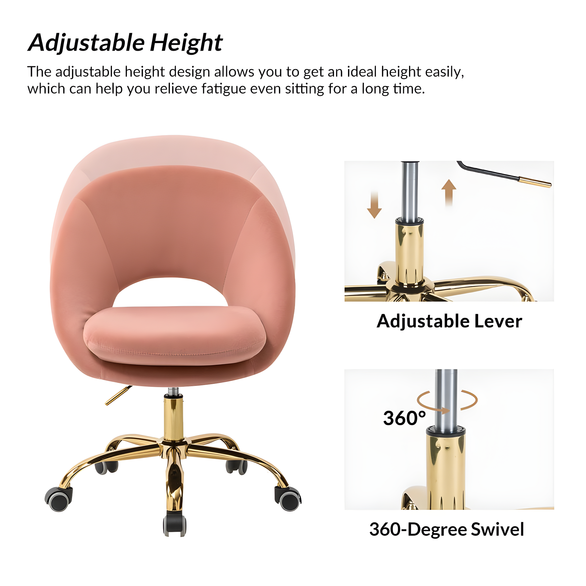 HULALA HOME Ramona Modern Velvet Height Adjustable 360 Swivel Task Chair with Metal Base by  Pink