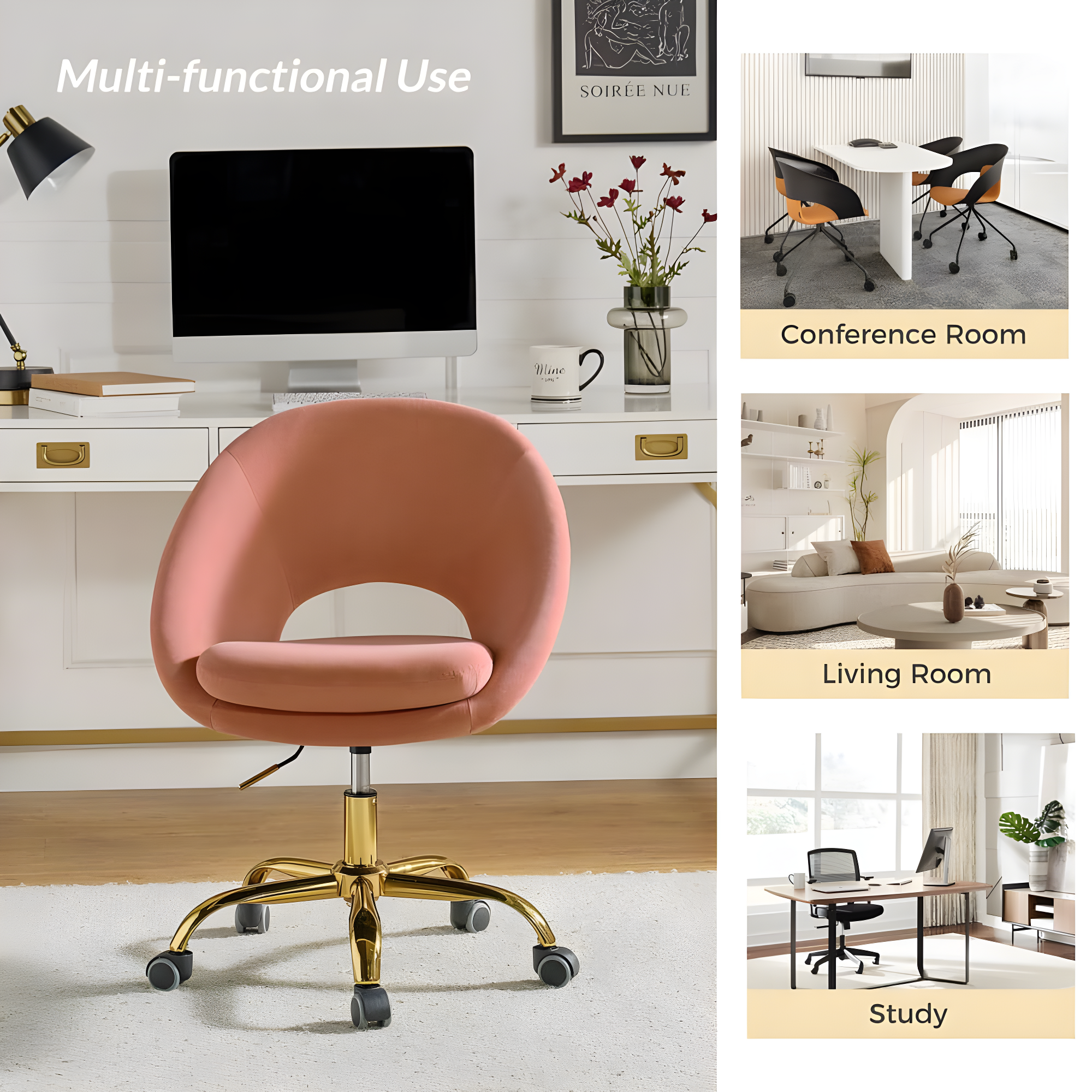 HULALA HOME Ramona Modern Velvet Height Adjustable 360 Swivel Task Chair with Metal Base by  Pink