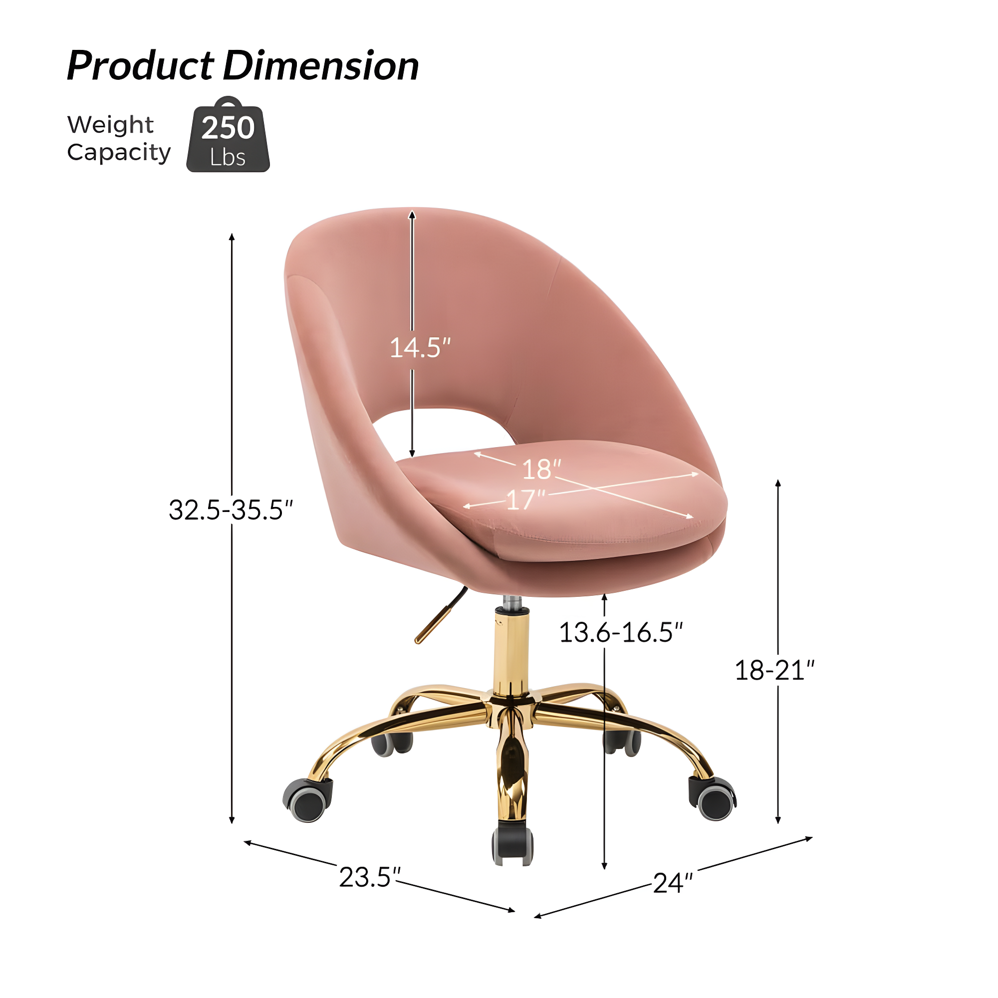 HULALA HOME Ramona Modern Velvet Height Adjustable 360 Swivel Task Chair with Metal Base by  Pink