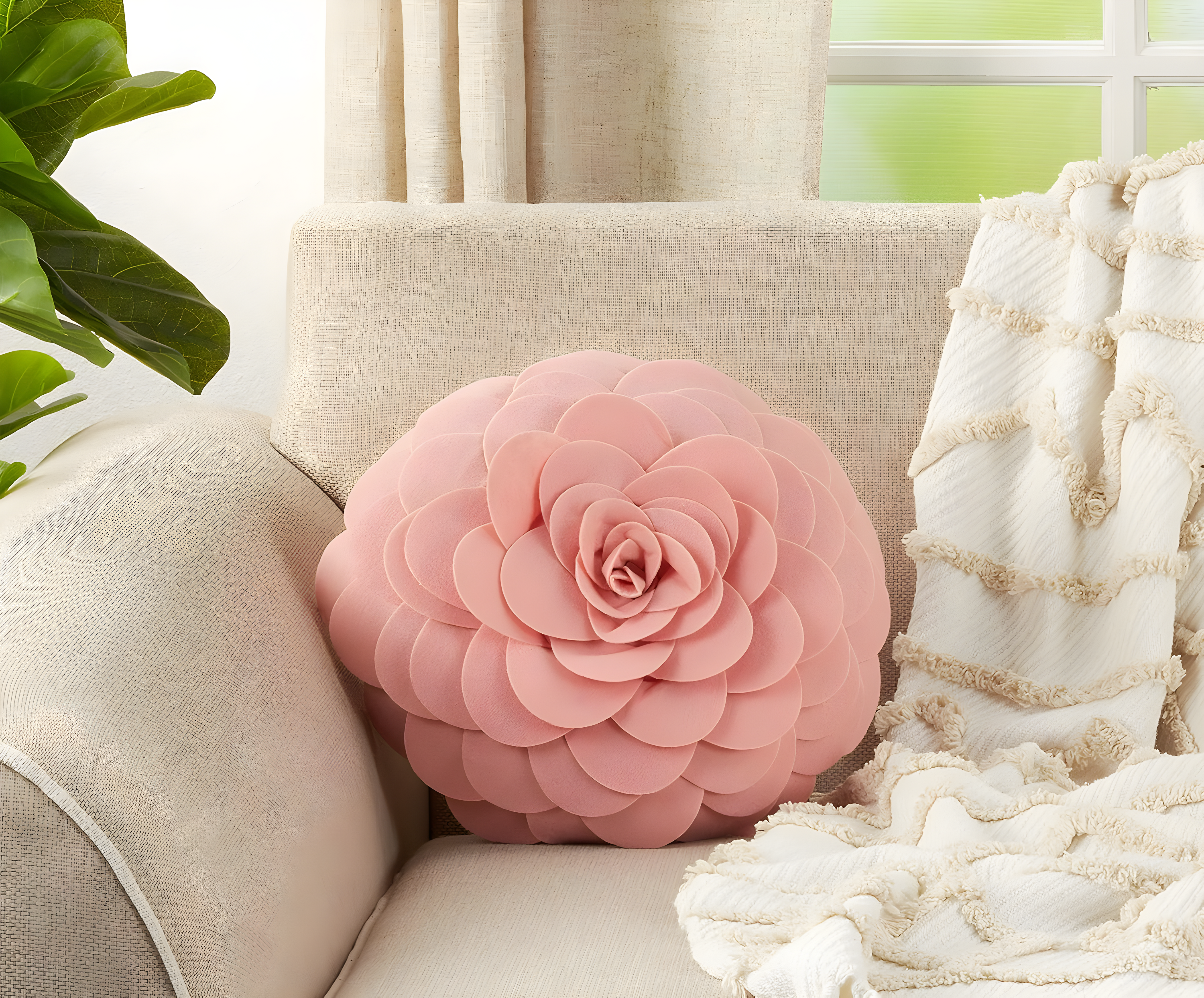 Flower Appliqued Felt Throw Pillow