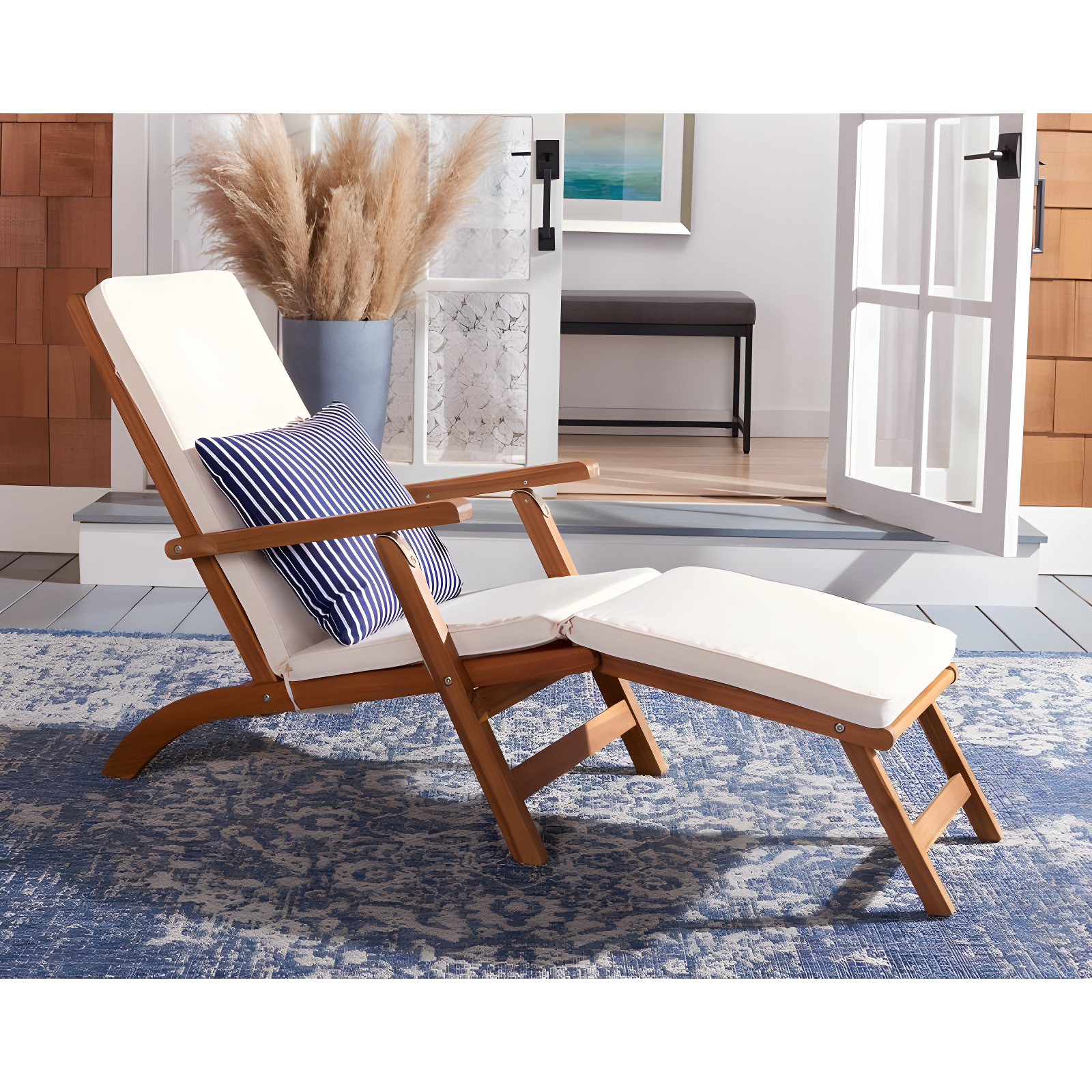Palmdale Lounge Chair - Outdoor - PAT7015 - Natural/Beige + Blue Stripped Pillow -Safavieh