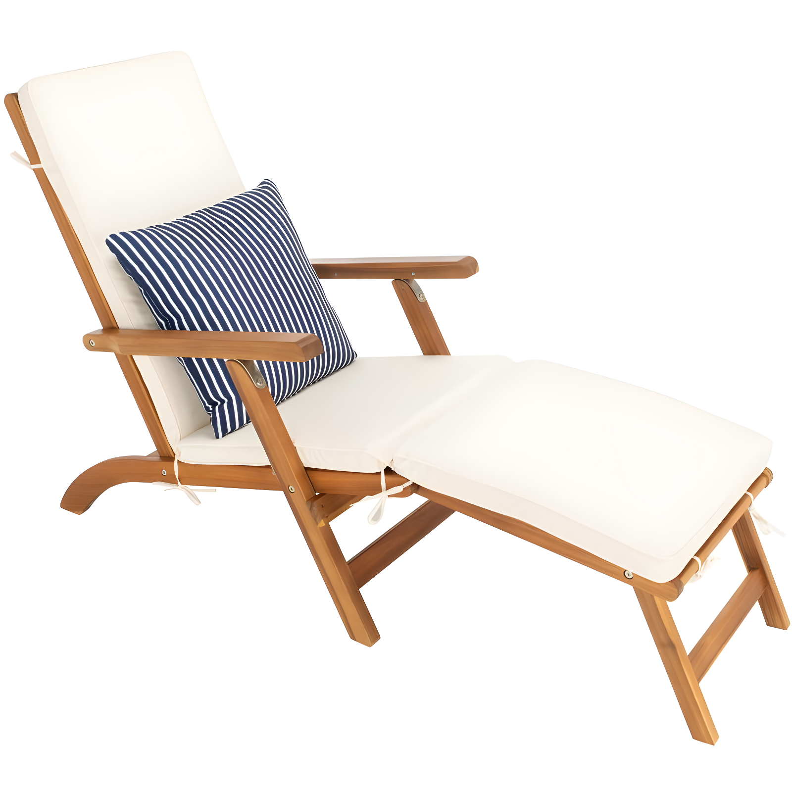 Palmdale Lounge Chair - Outdoor - PAT7015 - Natural/Beige + Blue Stripped Pillow -Safavieh
