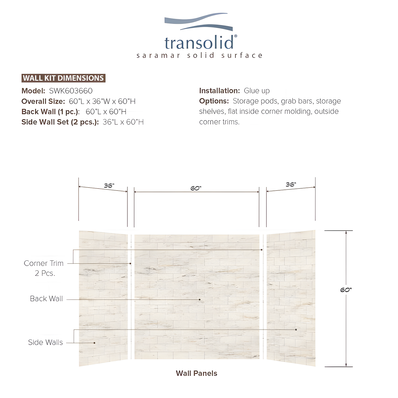 Transolid SaraMar 60'' W 36'' D 60'' H Glue Up Solid Surface Wall