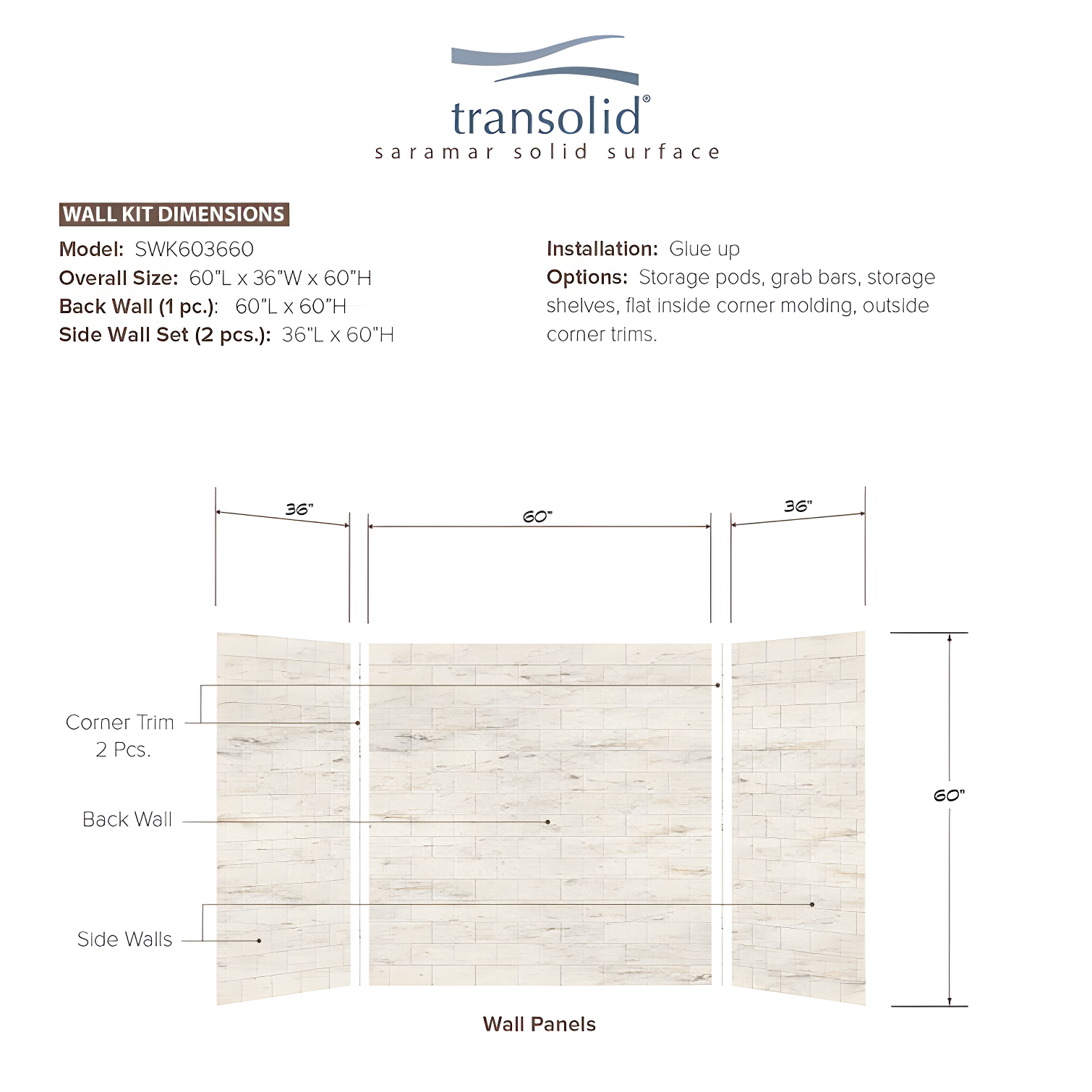 Transolid SaraMar 60'' W 36'' D 60'' H Glue Up Solid Surface Wall