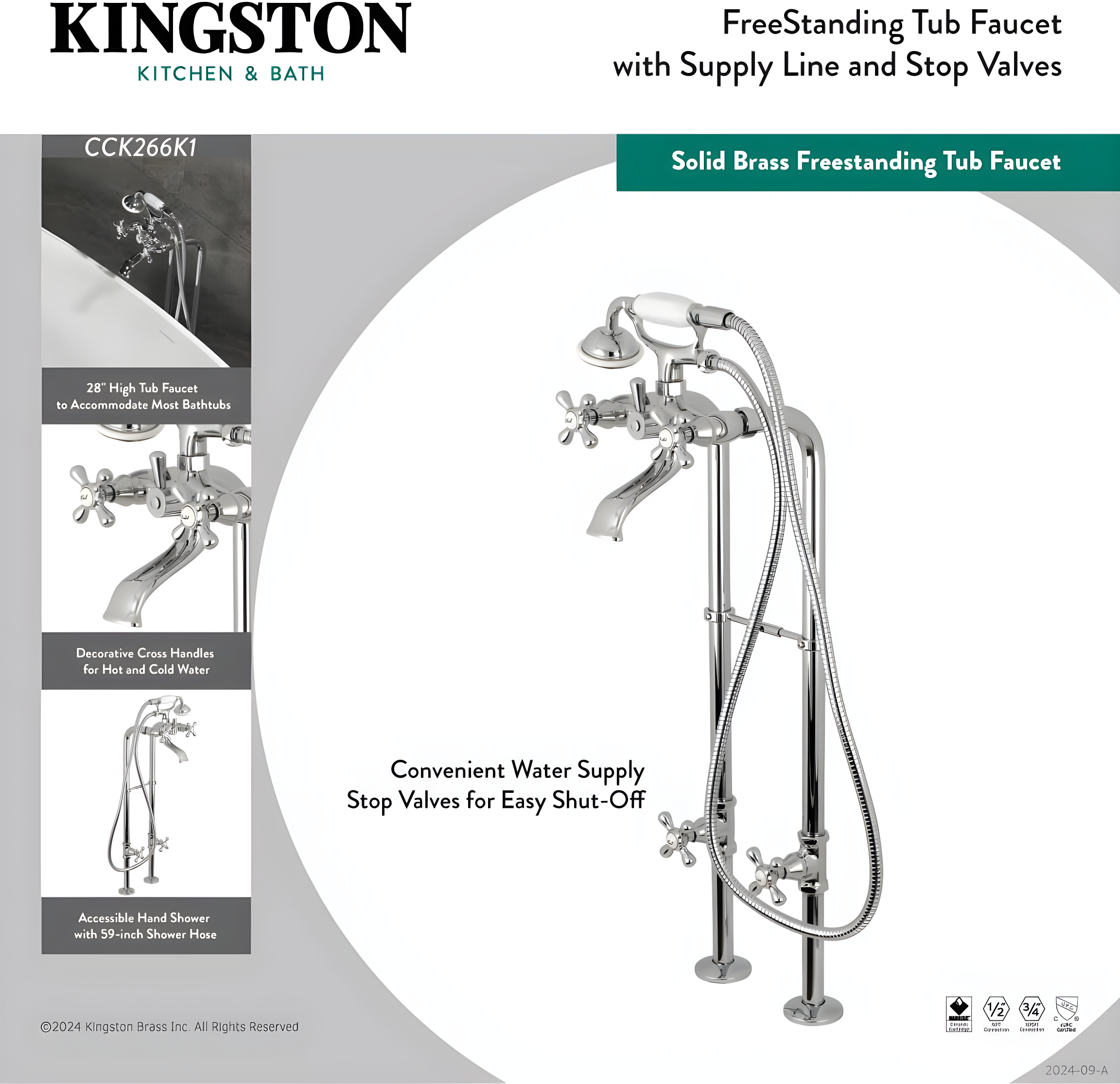 Kingston Brass Kingston Three-Handle 2-Hole Freestanding Tub Faucet with Supply Line and Stop Valve