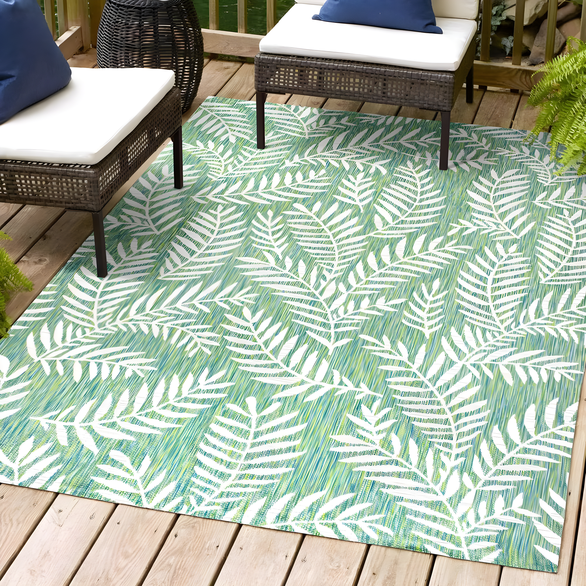 3' x 5' Nevis Palm Frond Indoor/Outdoor Area Rug, Cream/Green - JONATHAN Y