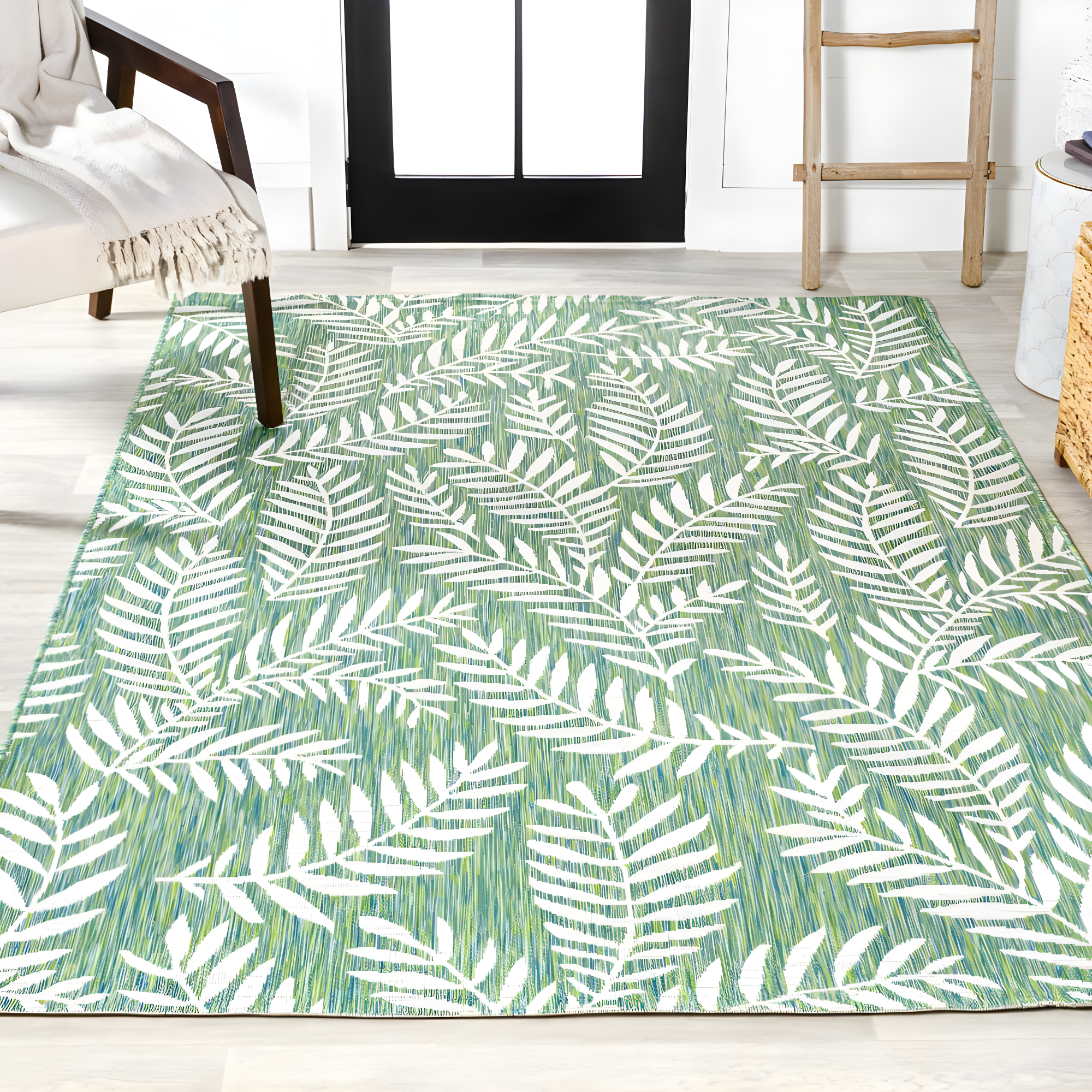 3' x 5' Nevis Palm Frond Indoor/Outdoor Area Rug, Cream/Green - JONATHAN Y