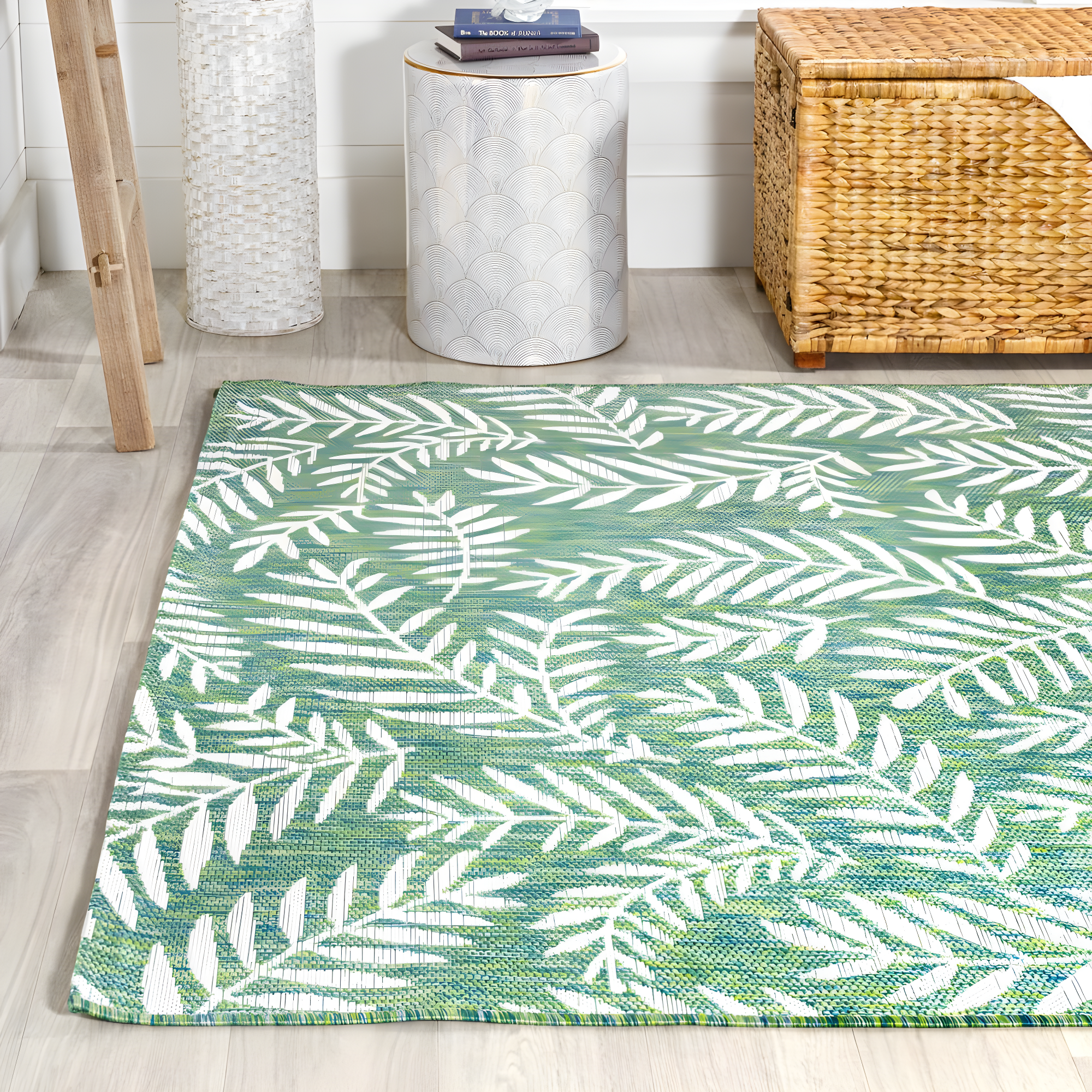 3' x 5' Nevis Palm Frond Indoor/Outdoor Area Rug, Cream/Green - JONATHAN Y