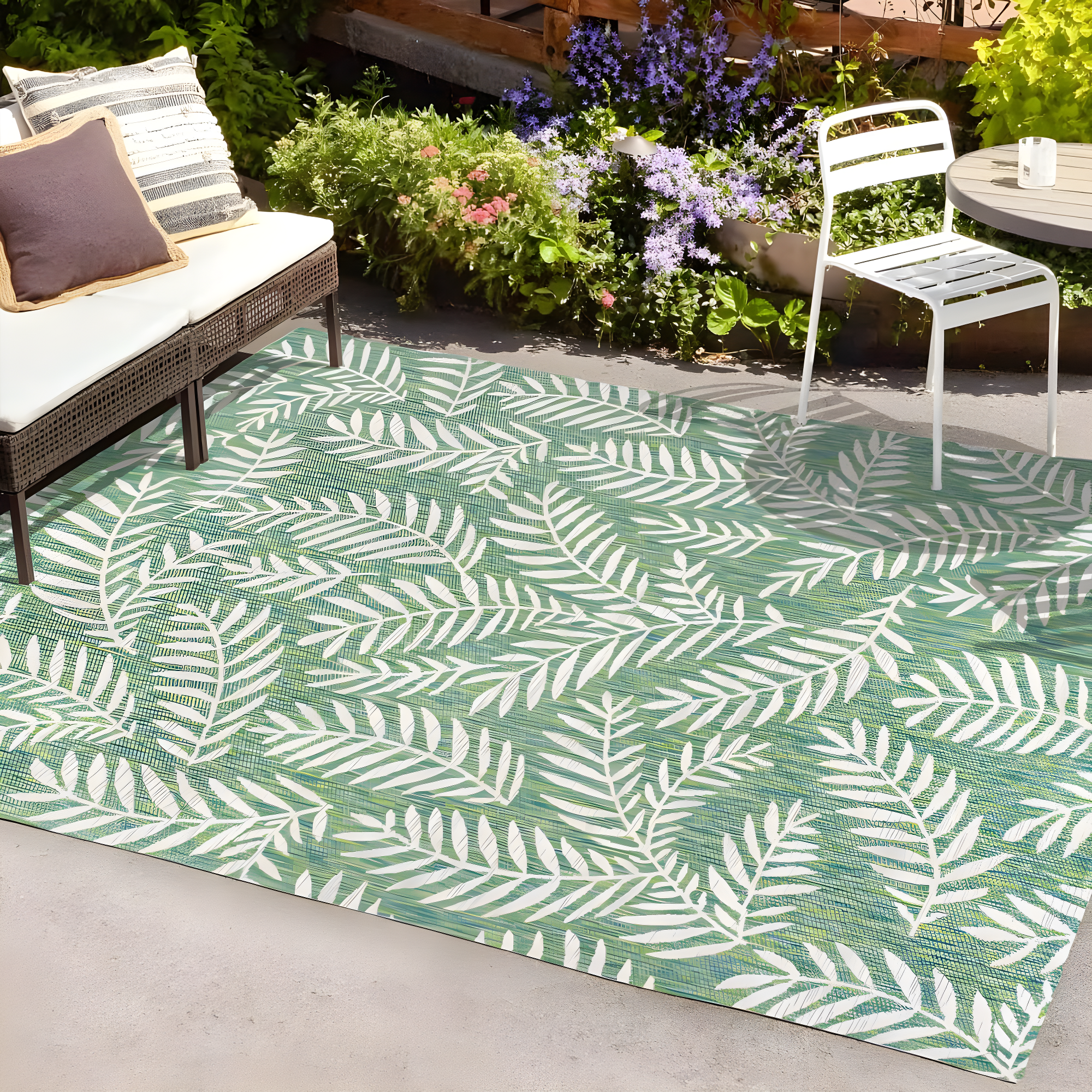 3' x 5' Nevis Palm Frond Indoor/Outdoor Area Rug, Cream/Green - JONATHAN Y