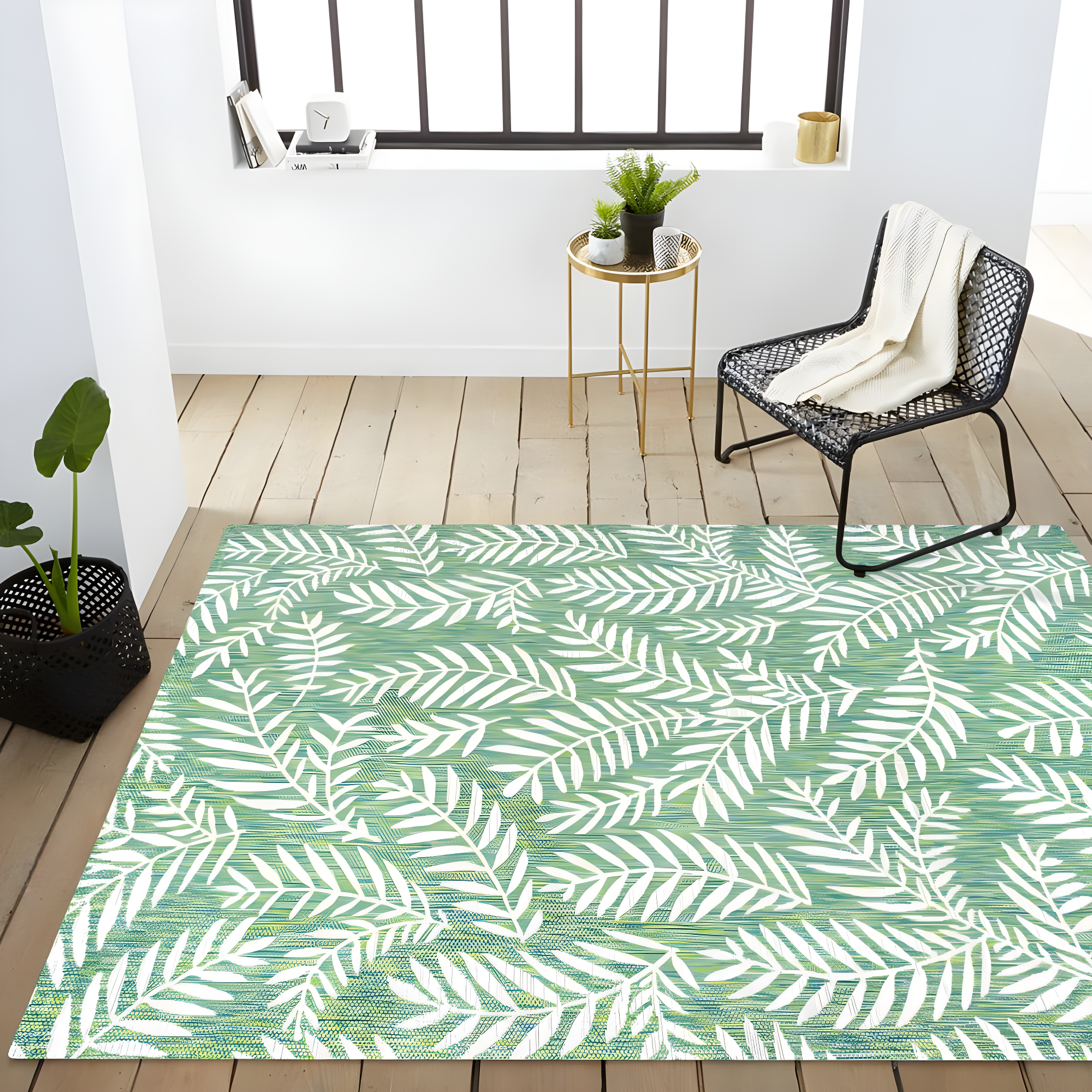 3' x 5' Nevis Palm Frond Indoor/Outdoor Area Rug, Cream/Green - JONATHAN Y