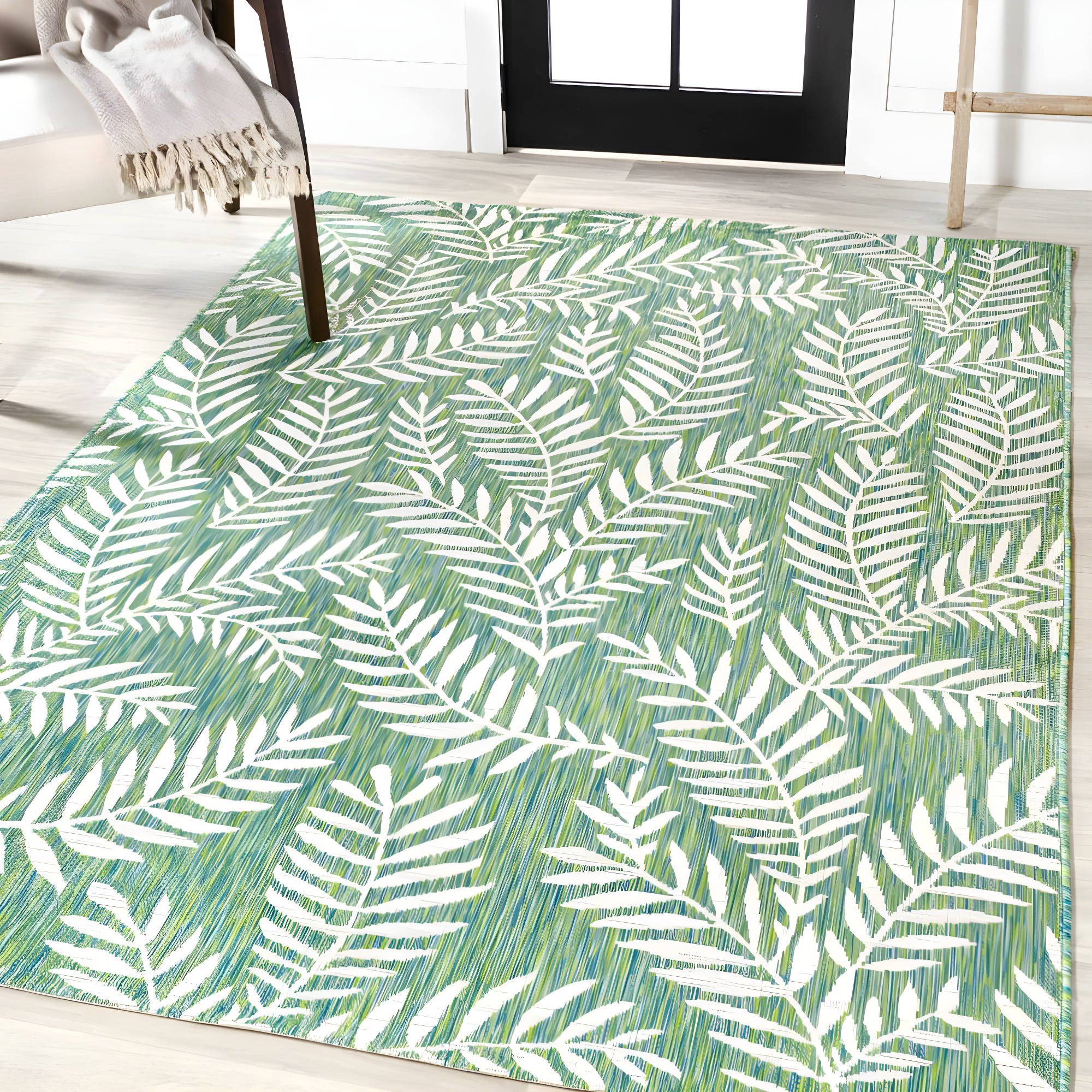 3' x 5' Nevis Palm Frond Indoor/Outdoor Area Rug, Cream/Green - JONATHAN Y