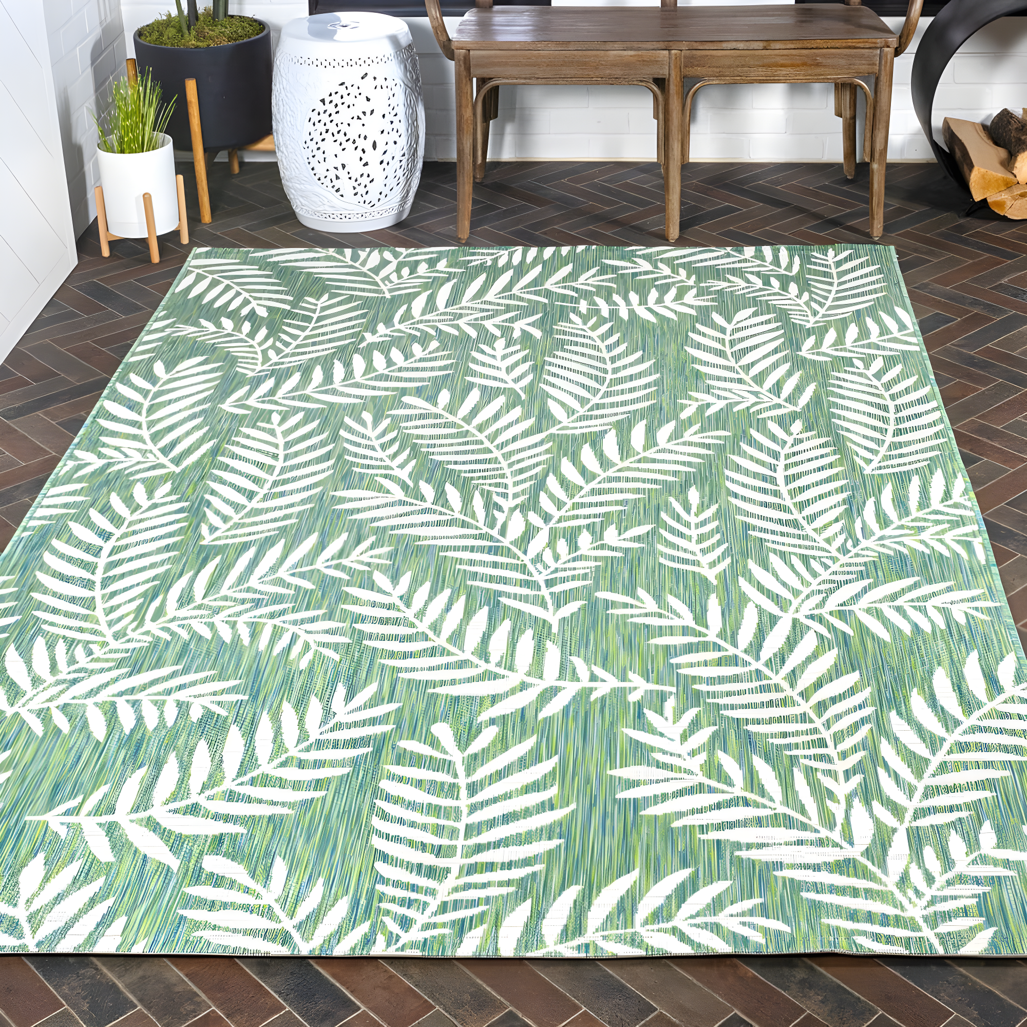 3' x 5' Nevis Palm Frond Indoor/Outdoor Area Rug, Cream/Green - JONATHAN Y