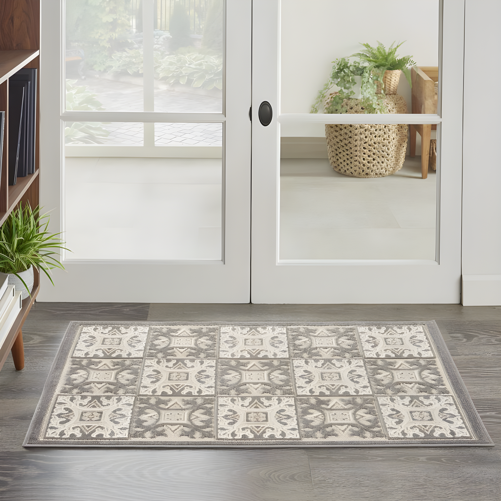 Nourison Aloha Modern Mosaic Flatweave High-Low Indoor Outdoor Area Rug Ivory Grey 2'8" x 4'