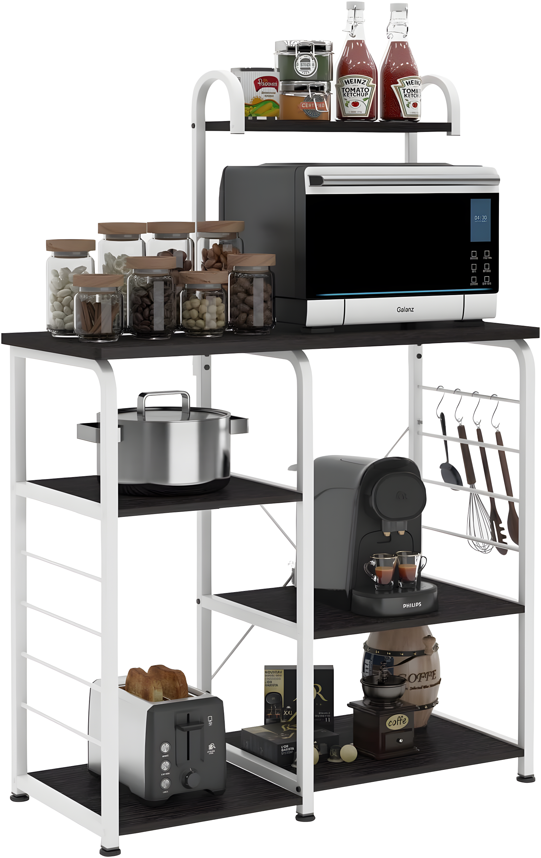 SogesPower Kitchen Stand 4-Tier Storage Shelf with Hooks Microwave Oven Stand Multifunction Workstation Shelf Black 35.4"L x 15.4"W x 55.1"H