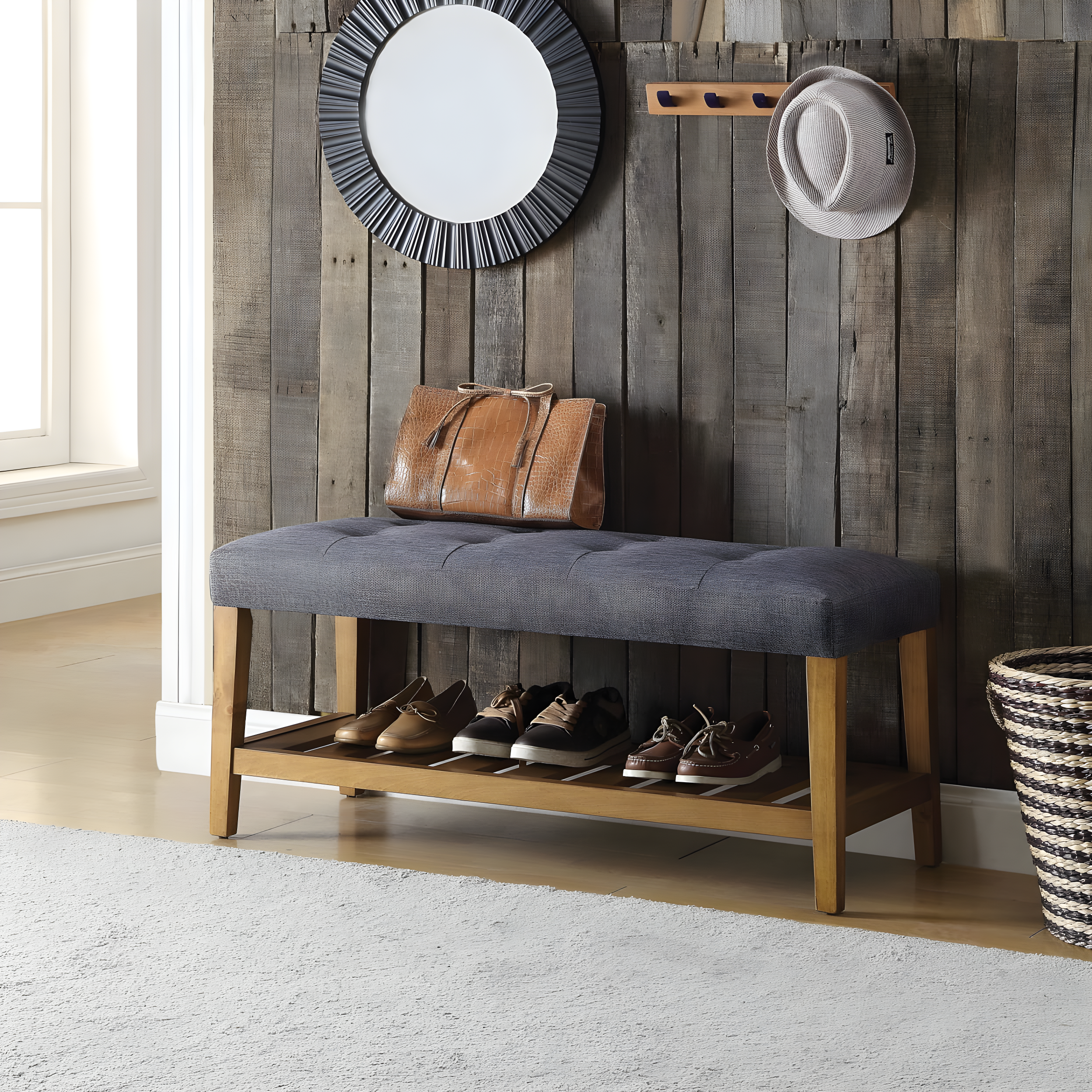 Acme Furniture Charla Bench Gray Fabric/Oak Finish