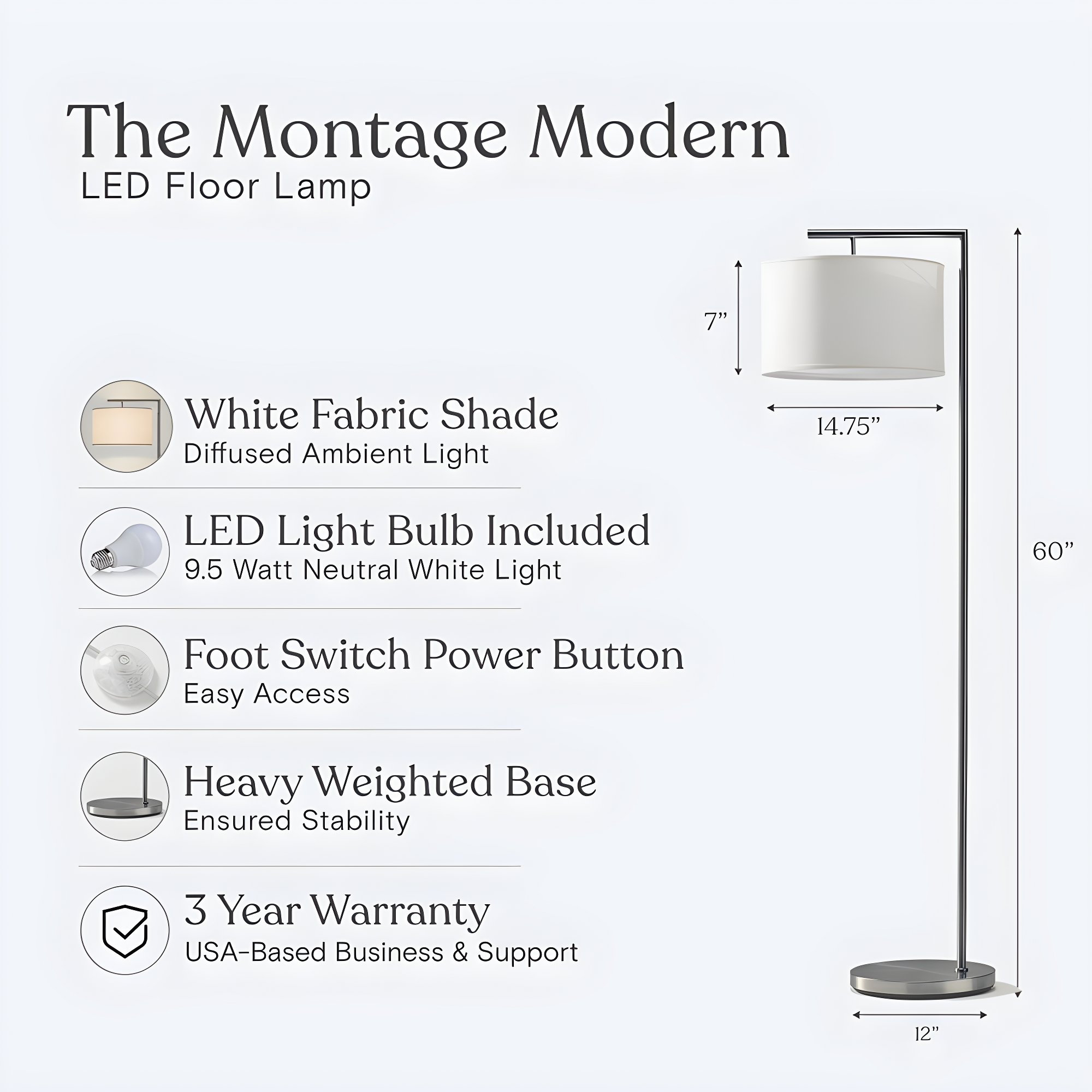 Montage Modern 60 in. Mid-Century Modern LED Floor Lamp with Fabric Drum Shade