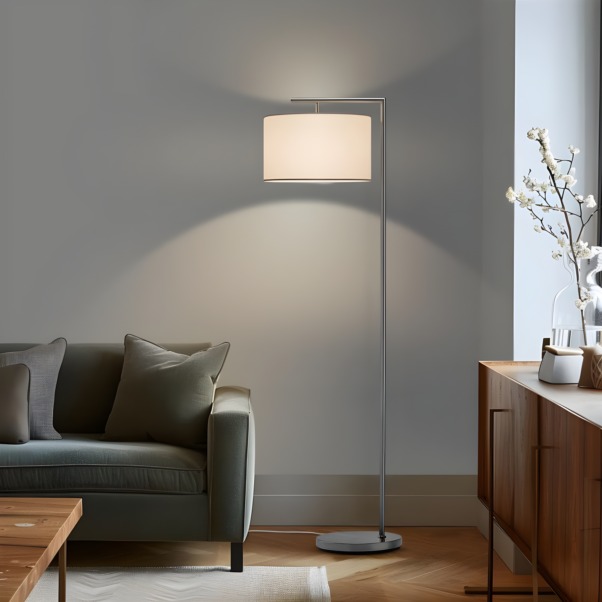 Montage Modern 60 in. Mid-Century Modern LED Floor Lamp with Fabric Drum Shade