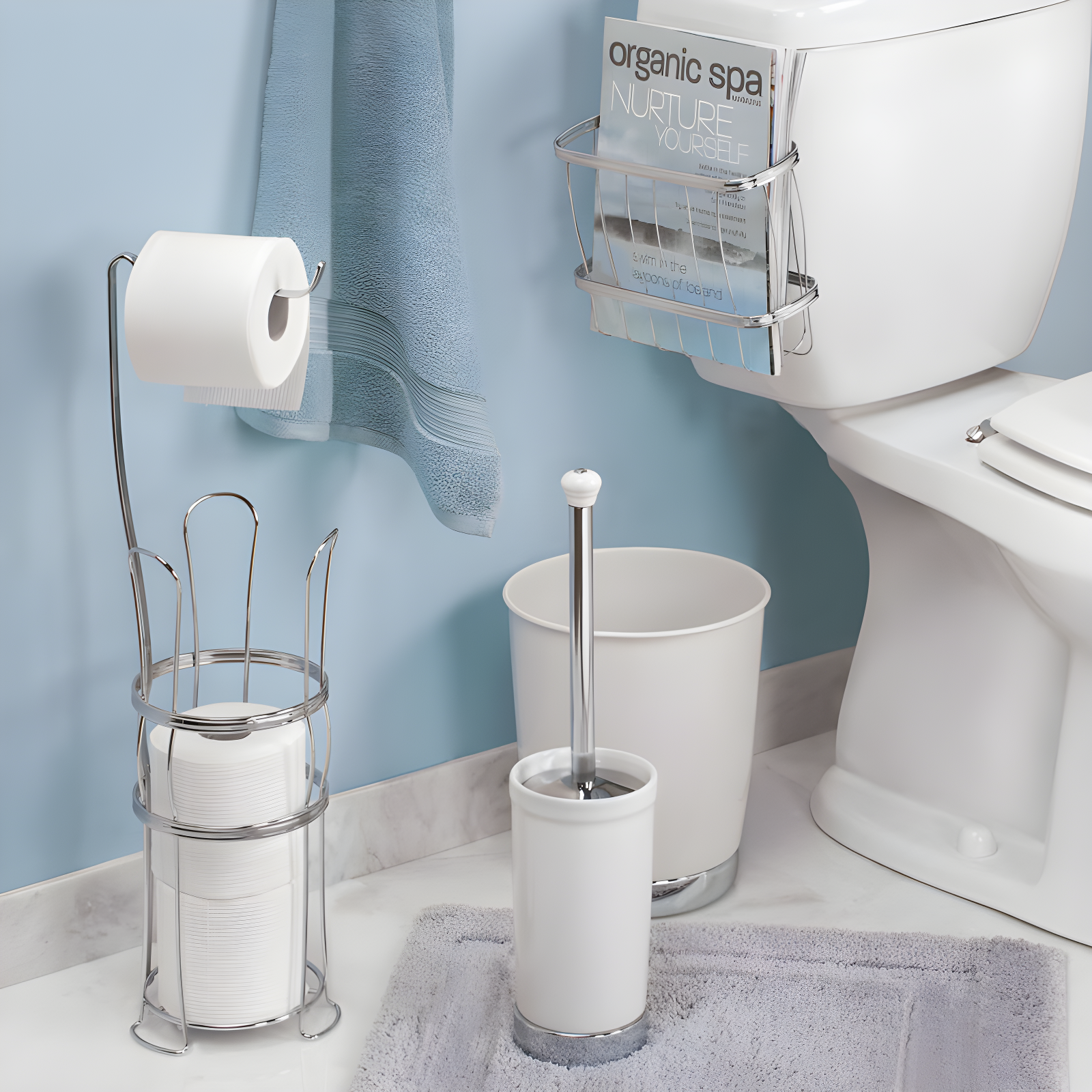 iDesign iDesign York Ceramic and Metal Toilet Bowl Brush Set, Classic Design Slim Compact Bowl Brush and Holder, 4.25" x 4.25" x 17.5", White and Chrome