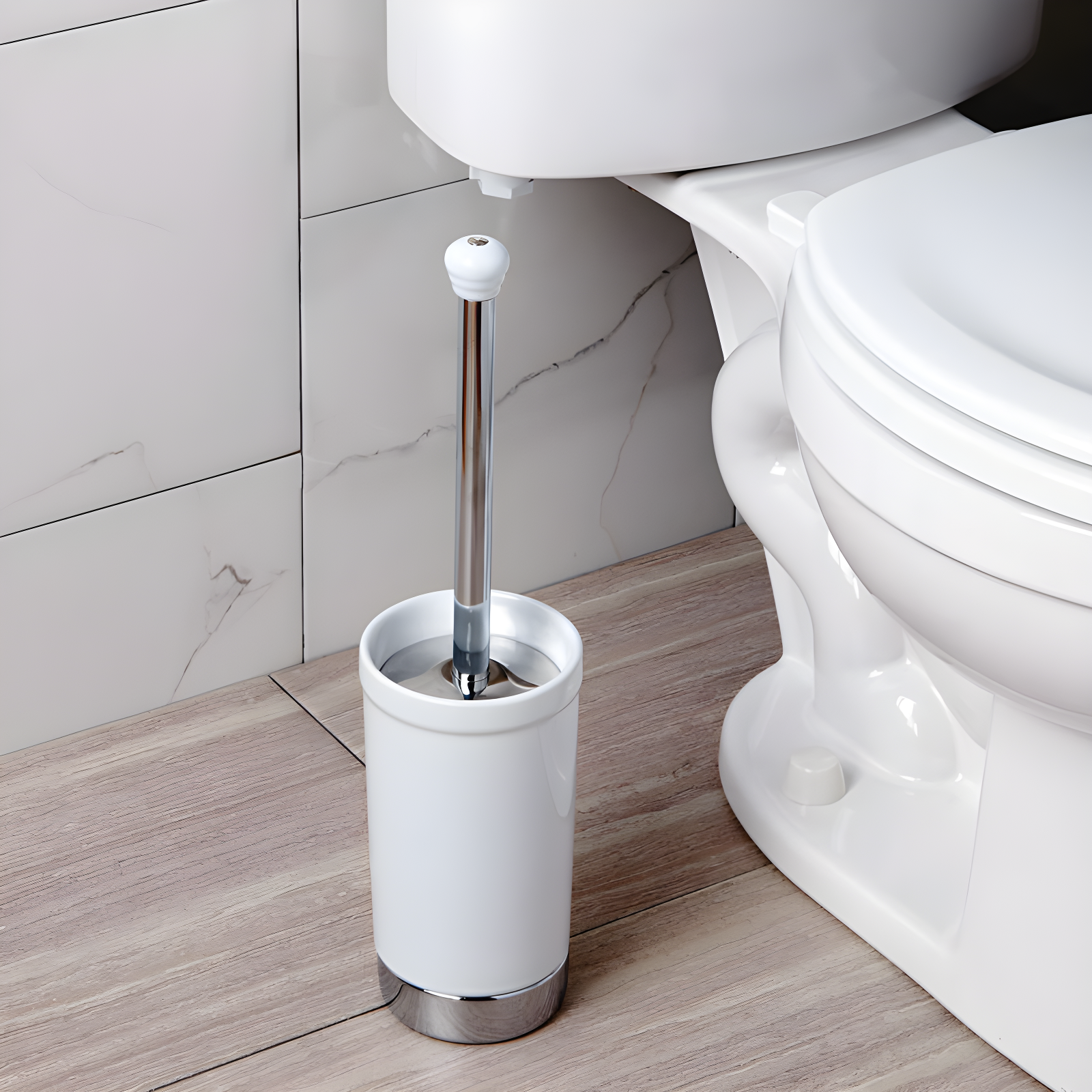 iDesign iDesign York Ceramic and Metal Toilet Bowl Brush Set, Classic Design Slim Compact Bowl Brush and Holder, 4.25" x 4.25" x 17.5", White and Chrome