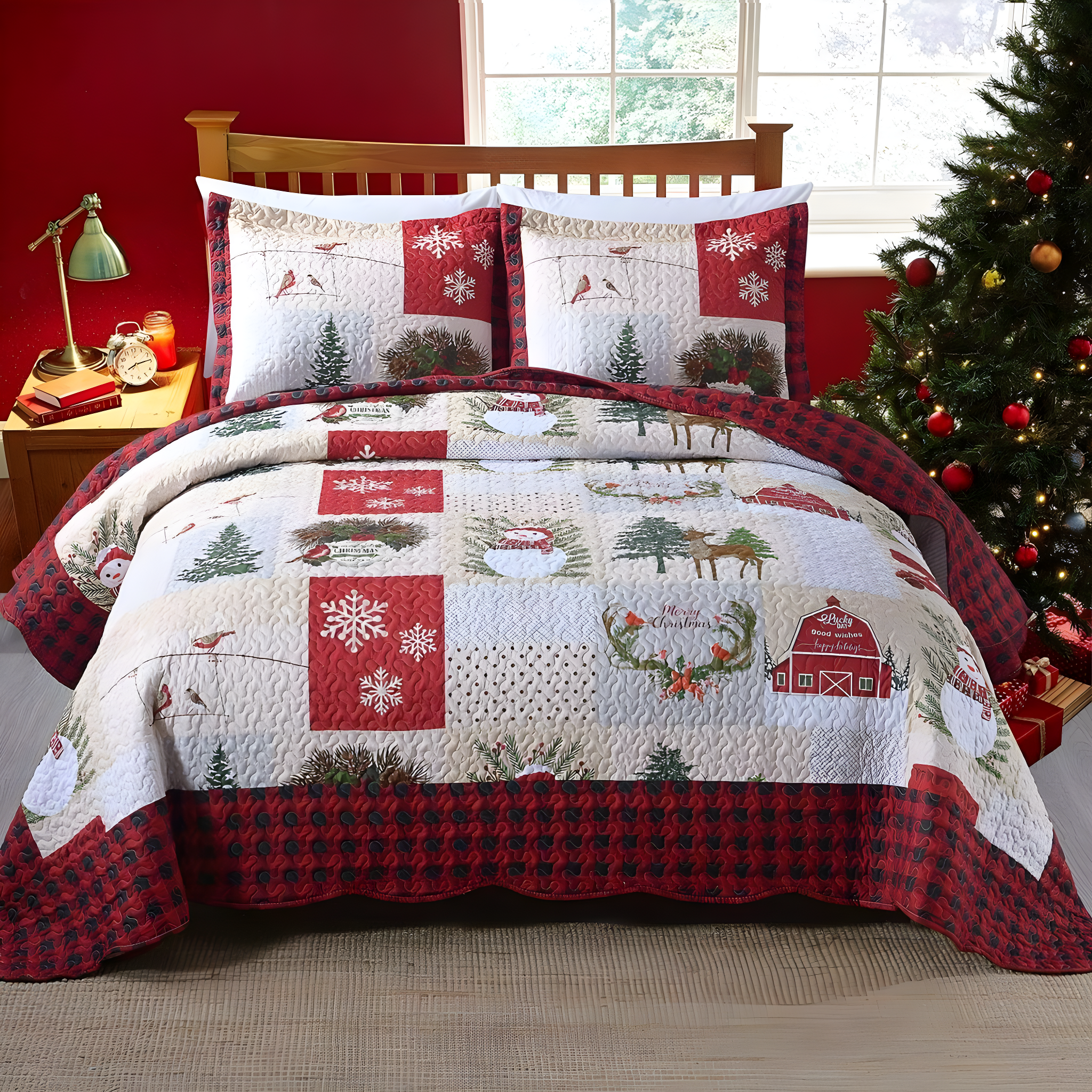 MarCielo  Christmas Patterned Red and Green 3-piece Quilt Set Queen