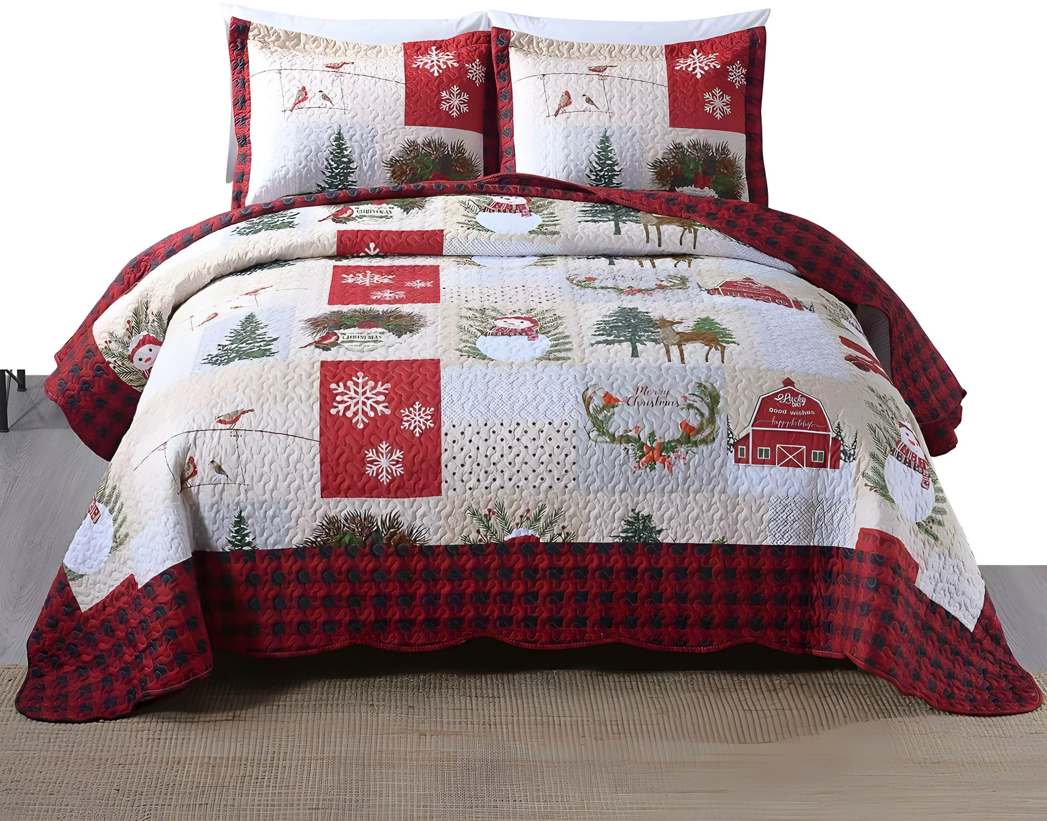 MarCielo  Christmas Patterned Red and Green 3-piece Quilt Set Queen