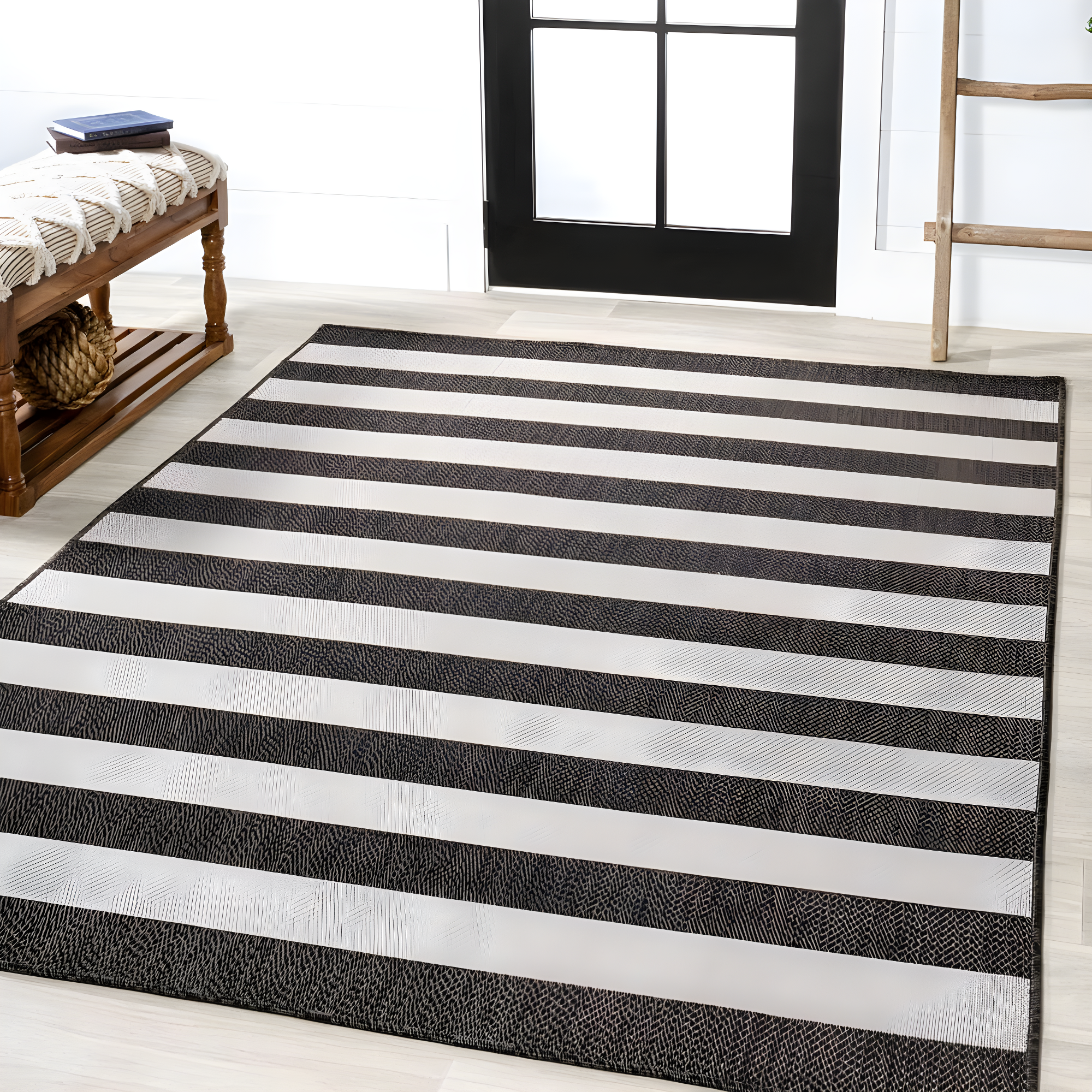 3' x 5' Negril Two-Tone Wide Stripe Indoor/Outdoor Area Rug, Black/Cream - JONATHAN Y