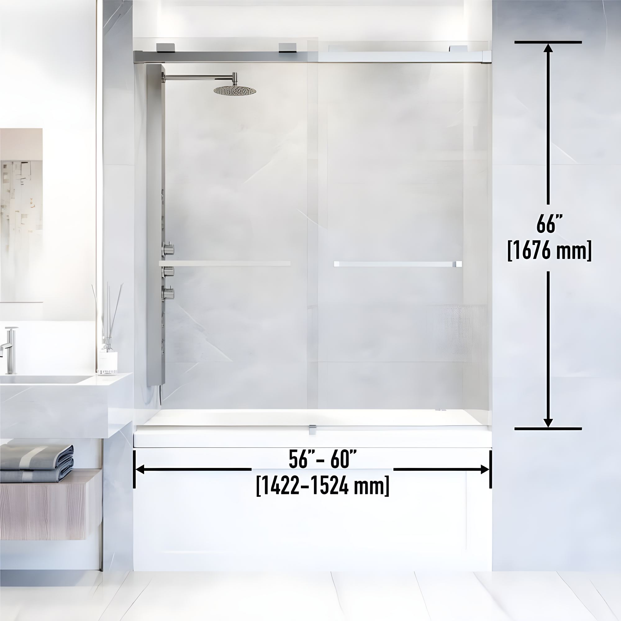 Houston 56-60" W x 66" H Double Sliding Frameless Tub Door with 3/8" Clear Glass