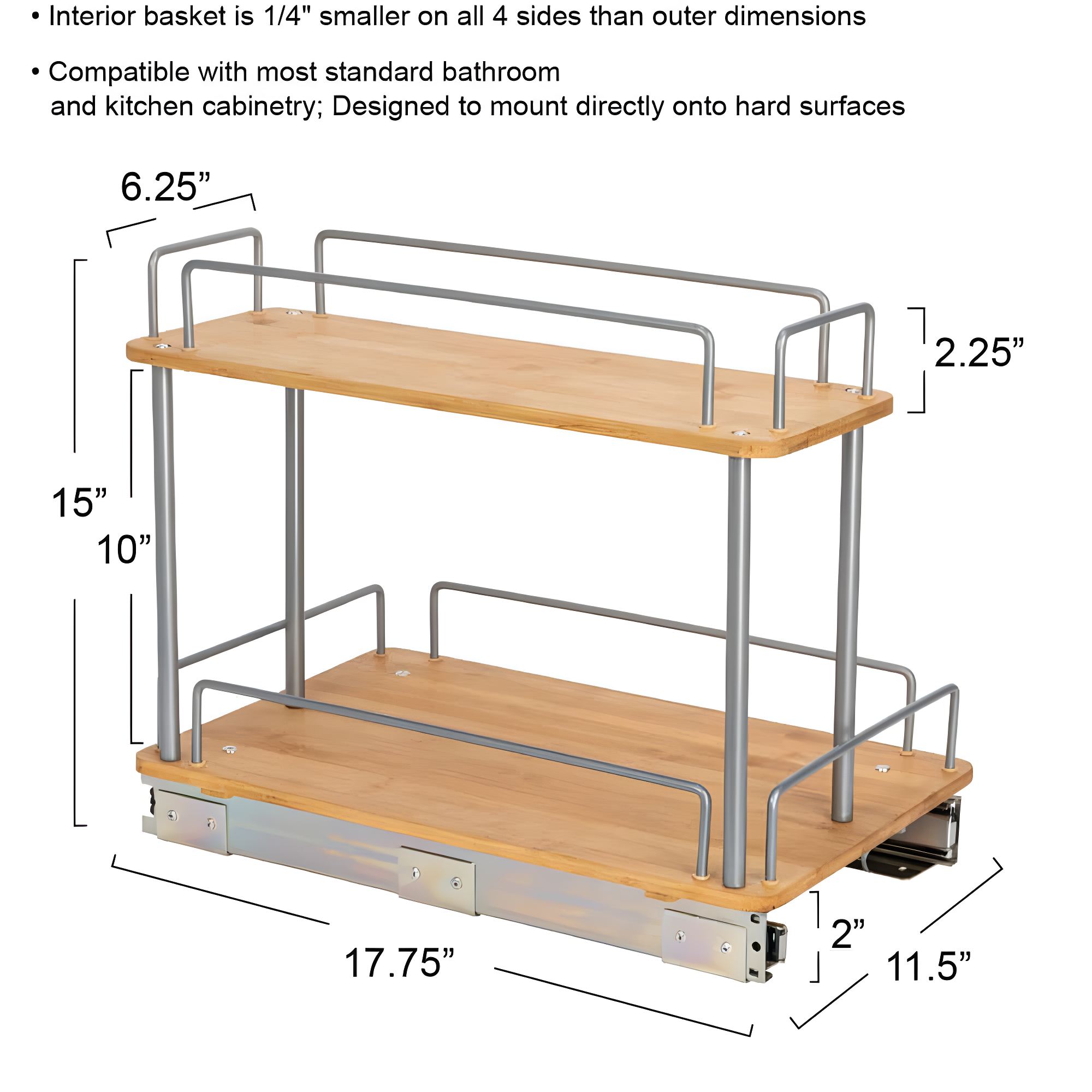 Glidez Steel and Bamboo Pull-Out/Slide-Out Storage Organizer for Under Sink or Cabinet Use - 2 -Tier Design - Brushed Silver and Natural