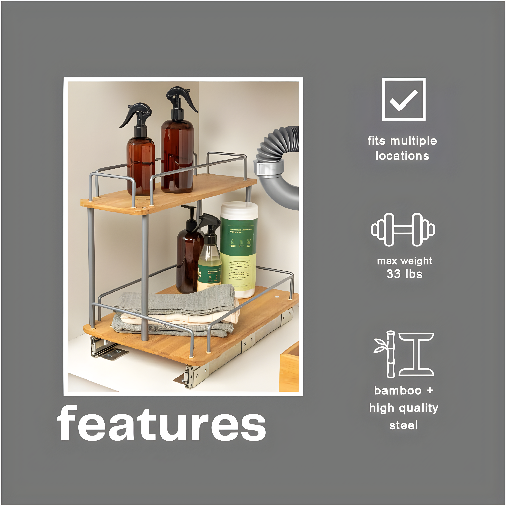 Glidez Steel and Bamboo Pull-Out/Slide-Out Storage Organizer for Under Sink or Cabinet Use - 2 -Tier Design - Brushed Silver and Natural