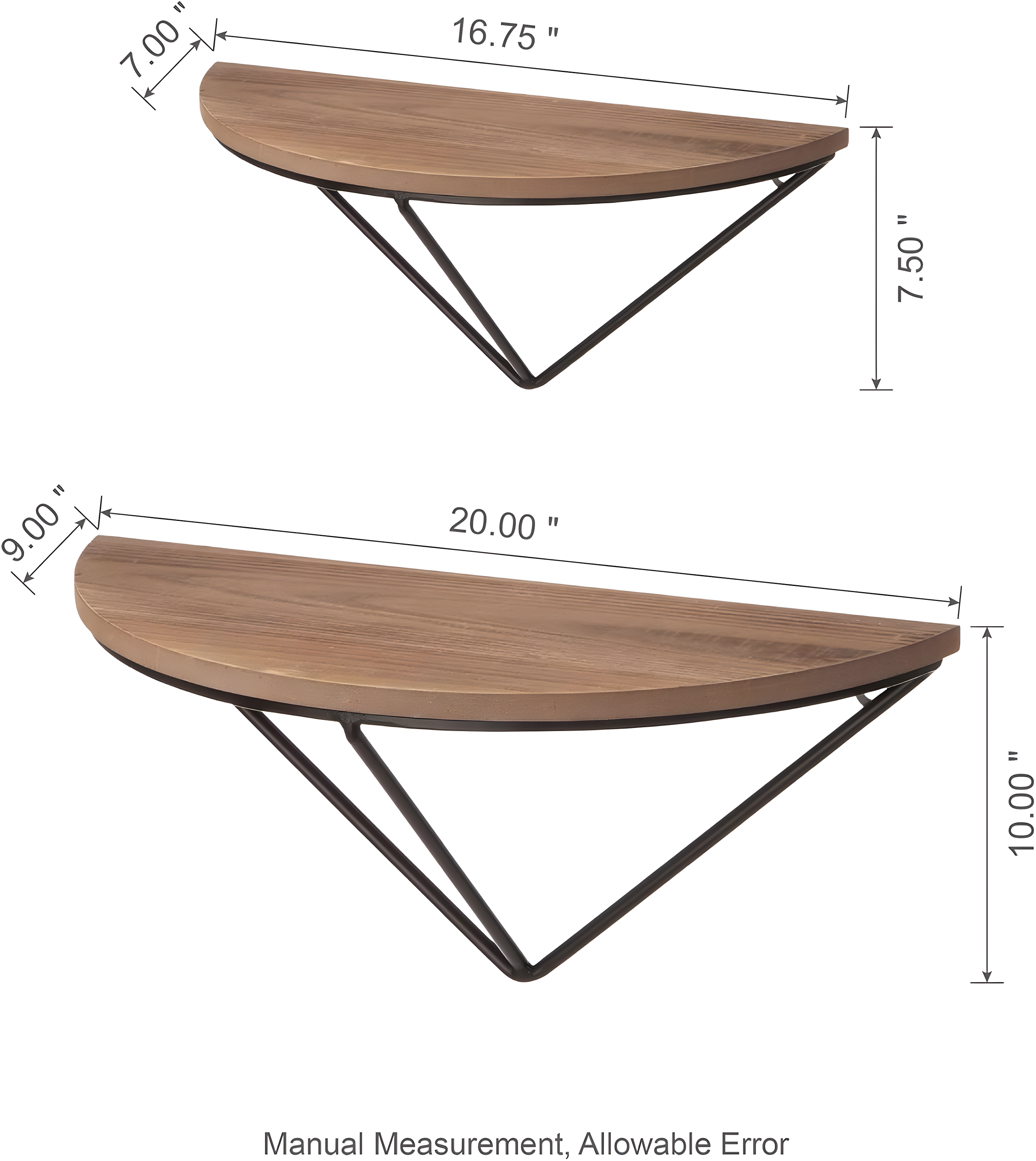 Glitzhome  Set of 2 Firwood Metal Farmhouse Half-round Floating Wall Shelf Natural
