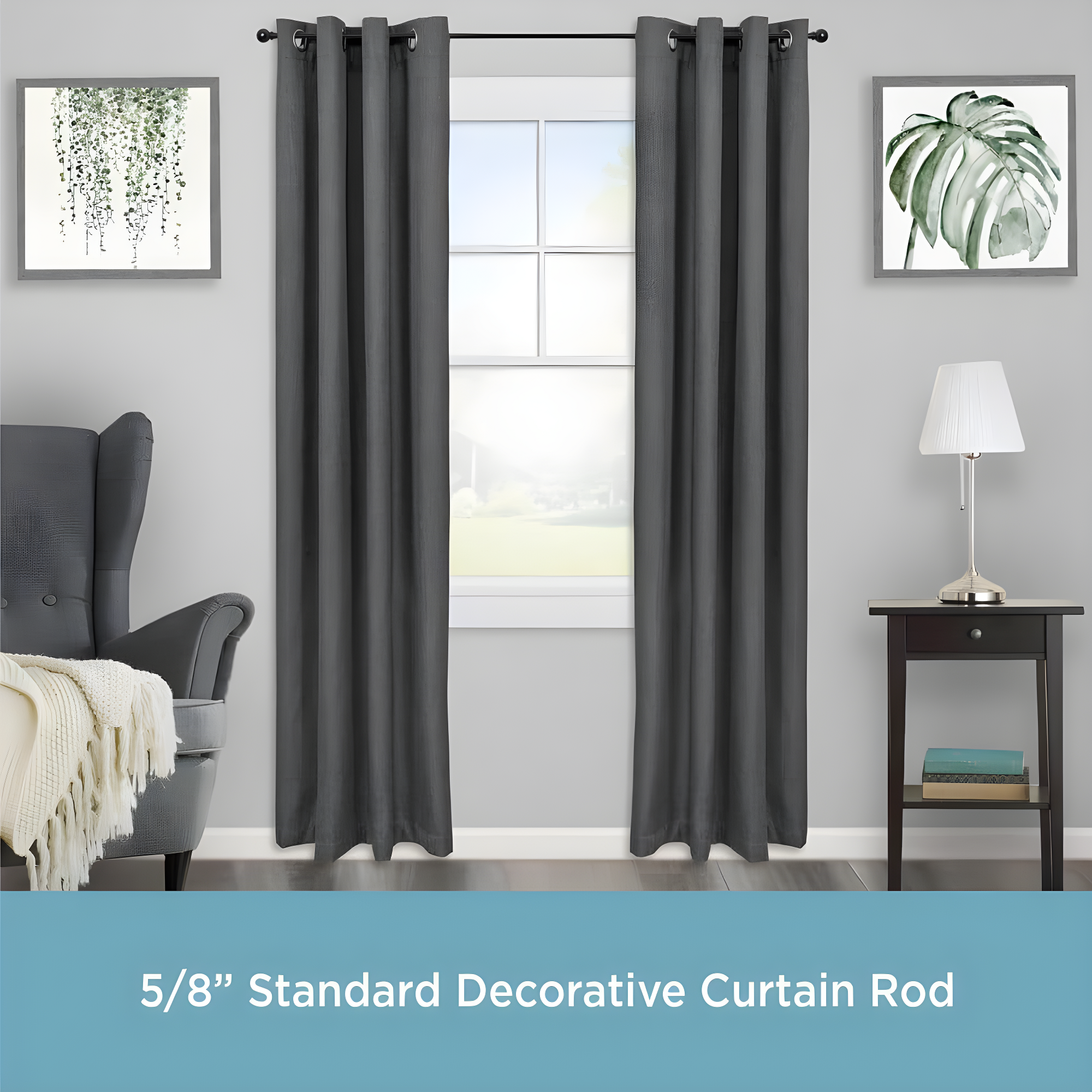 Kenney Chelsea 5/8" Matte Black Single Curtain Rod, 28-48", Black