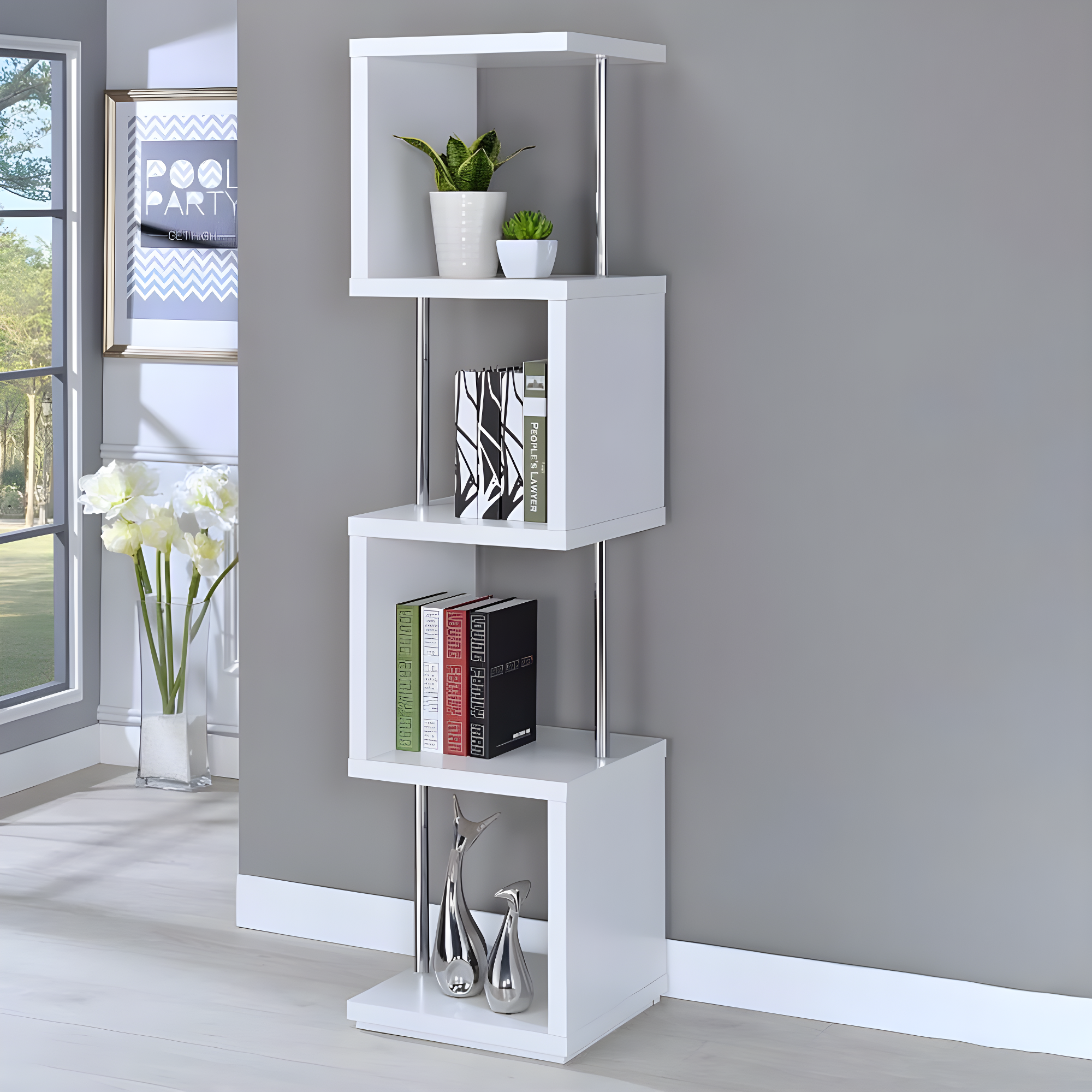 66.5" Baxter 4 Shelf Zig Zag Bookcase with Chrome Details White - Coaster: Modern Laminated Storage Display