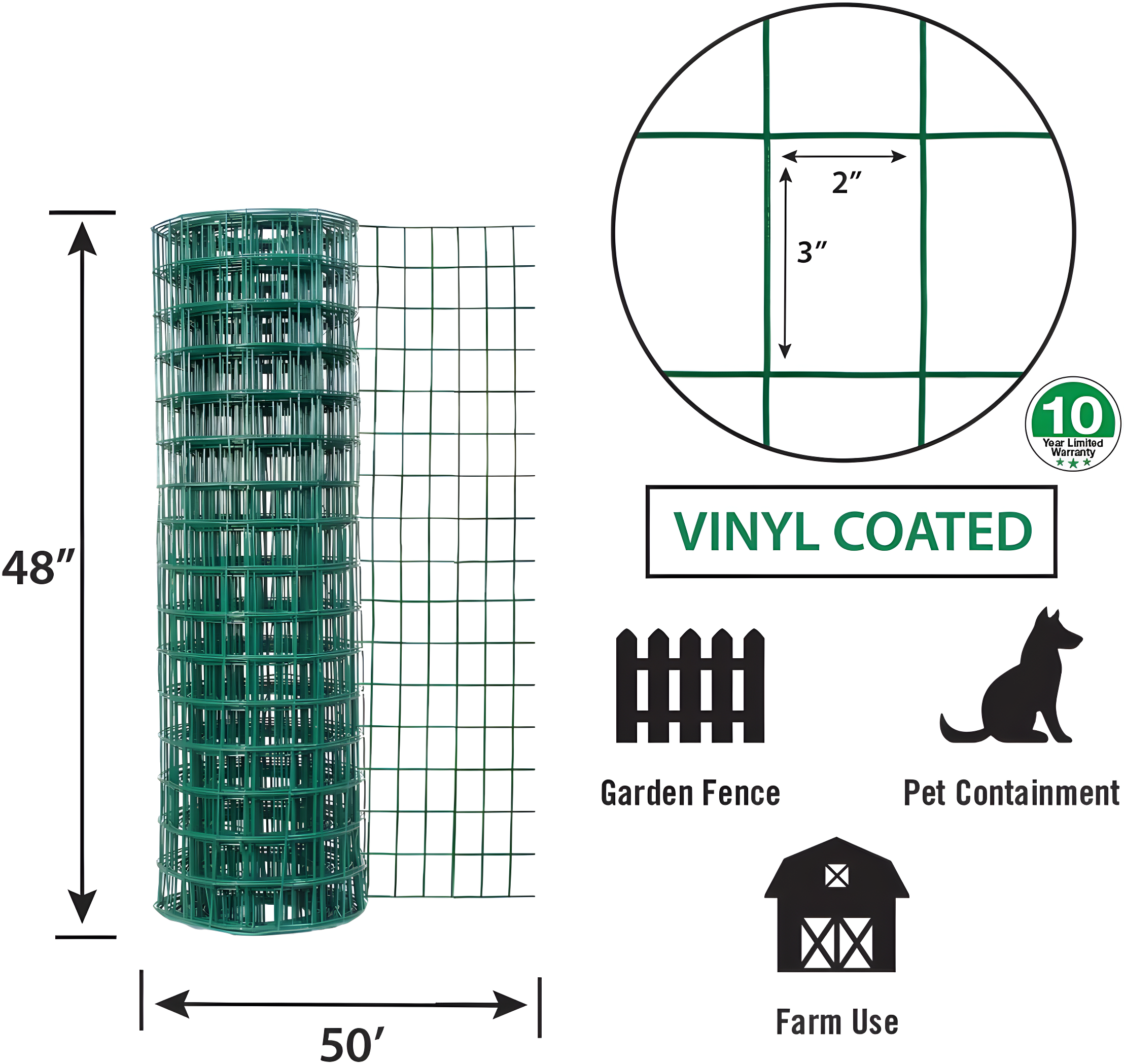 Garden Zone Green Vinyl Coated 48 in. H x 50 ft. L Steel Fence