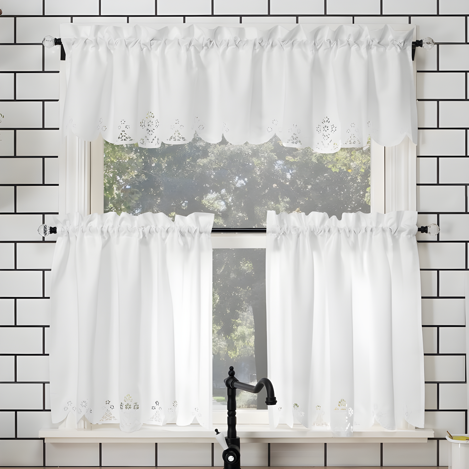 58"x14" Mariela Floral Trim Window Valance White - No. 918: Lace Rod Pocket Curtain, Botanical Pattern