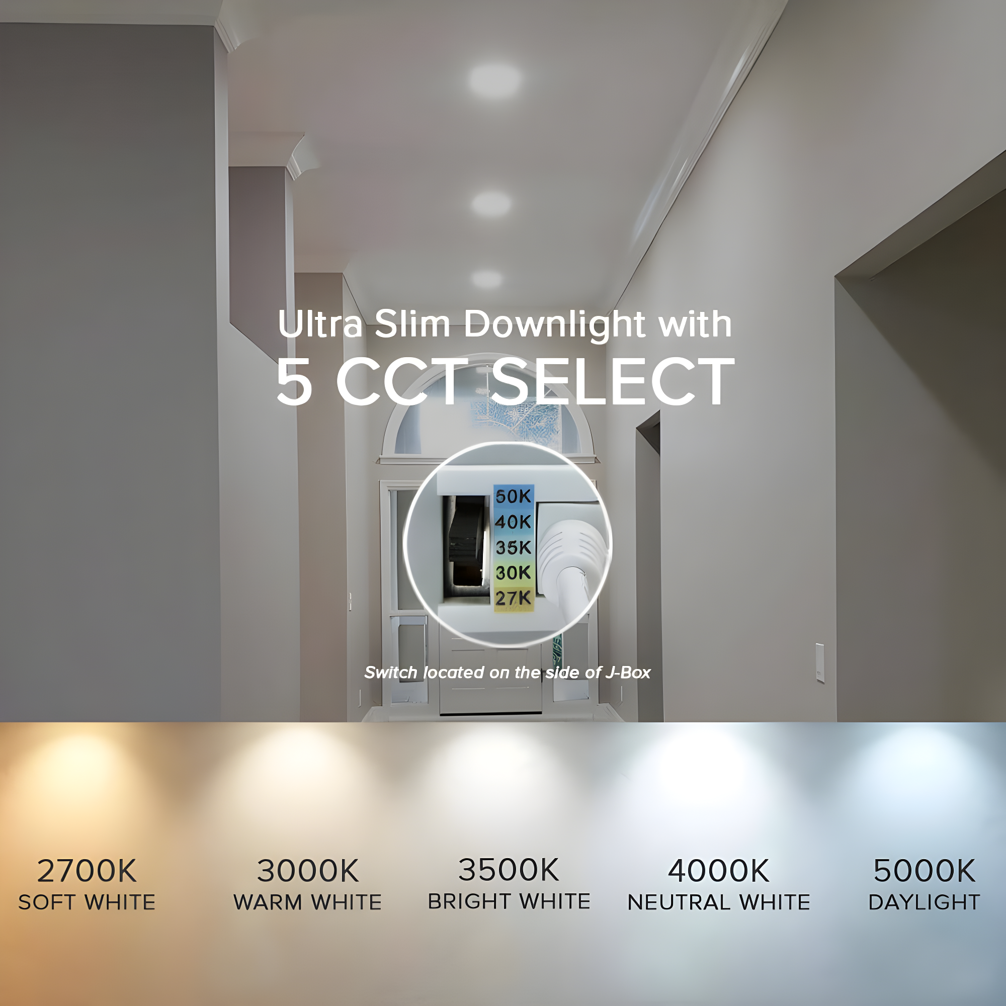 Maxxima 8 in. 5CCT Round Recessed LED Downlight, 1600 Lumens Slim Round Flat Panel Color Selectable 2700K-5000K (2700K/3000K/3500K/4000K/5000K), Dimmable, Canless IC Rated, White Trim, J-Box Included