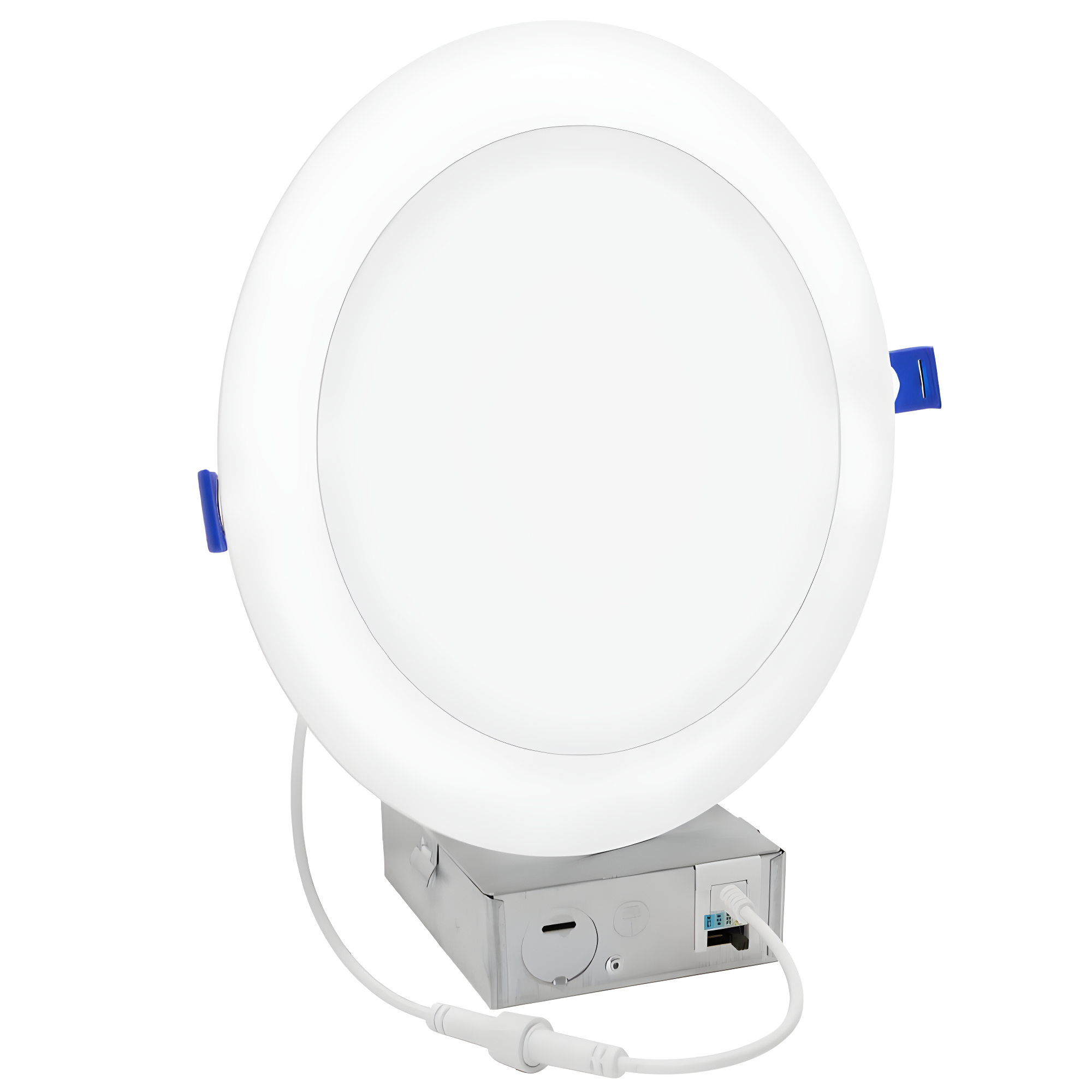 Maxxima 8 in. 5CCT Round Recessed LED Downlight, 1600 Lumens Slim Round Flat Panel Color Selectable 2700K-5000K (2700K/3000K/3500K/4000K/5000K), Dimmable, Canless IC Rated, White Trim, J-Box Included