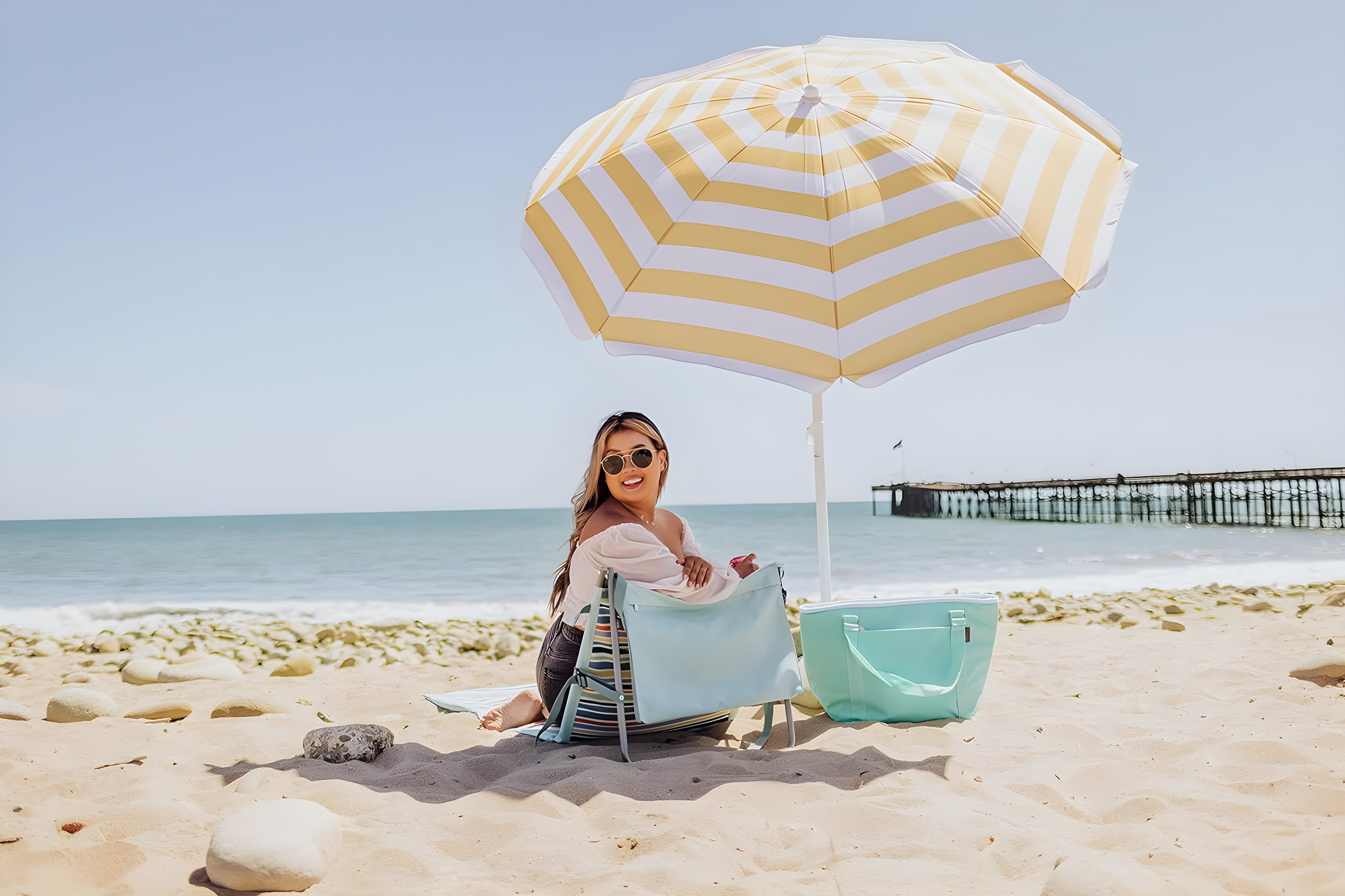 Oniva Portable Beach Stick Umbrella - Yellow Cabana Stripe