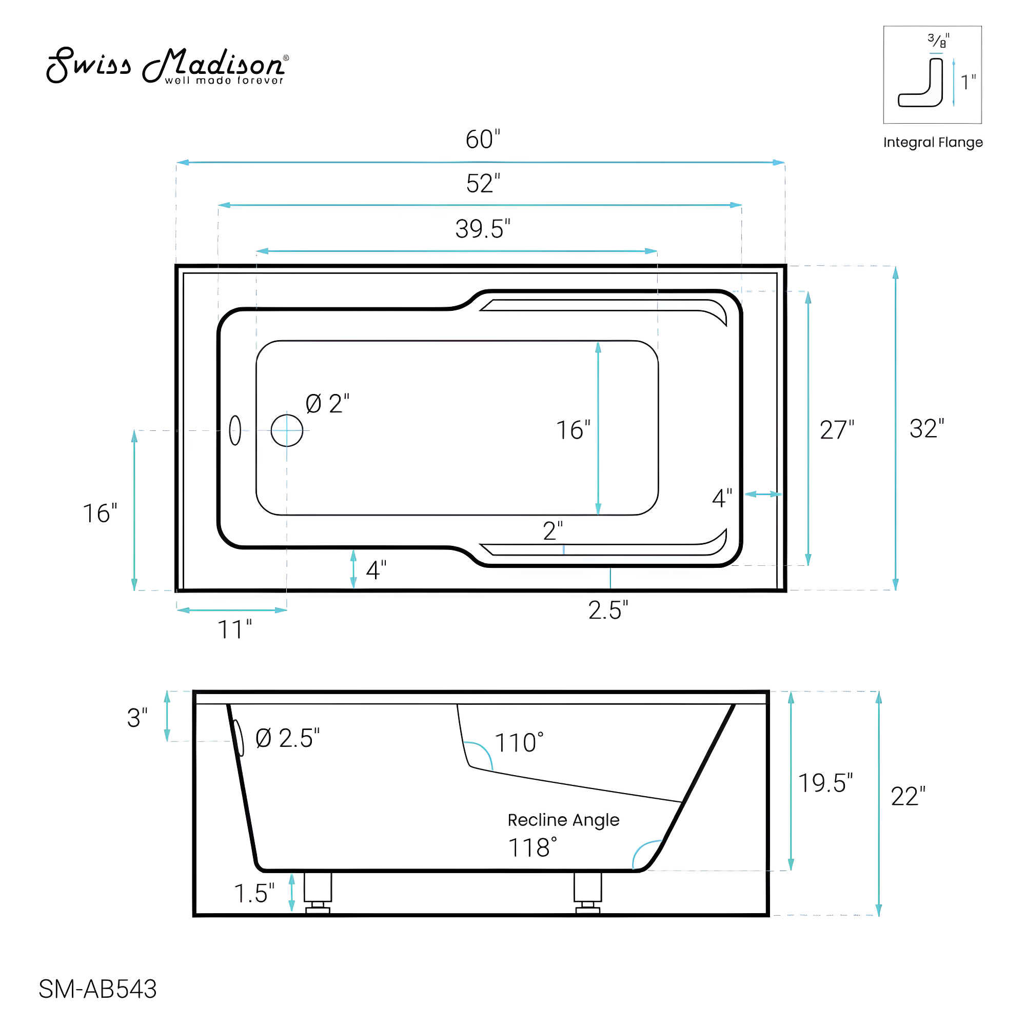 Voltaire 60" x 32" Alcove Bathtub with Apron