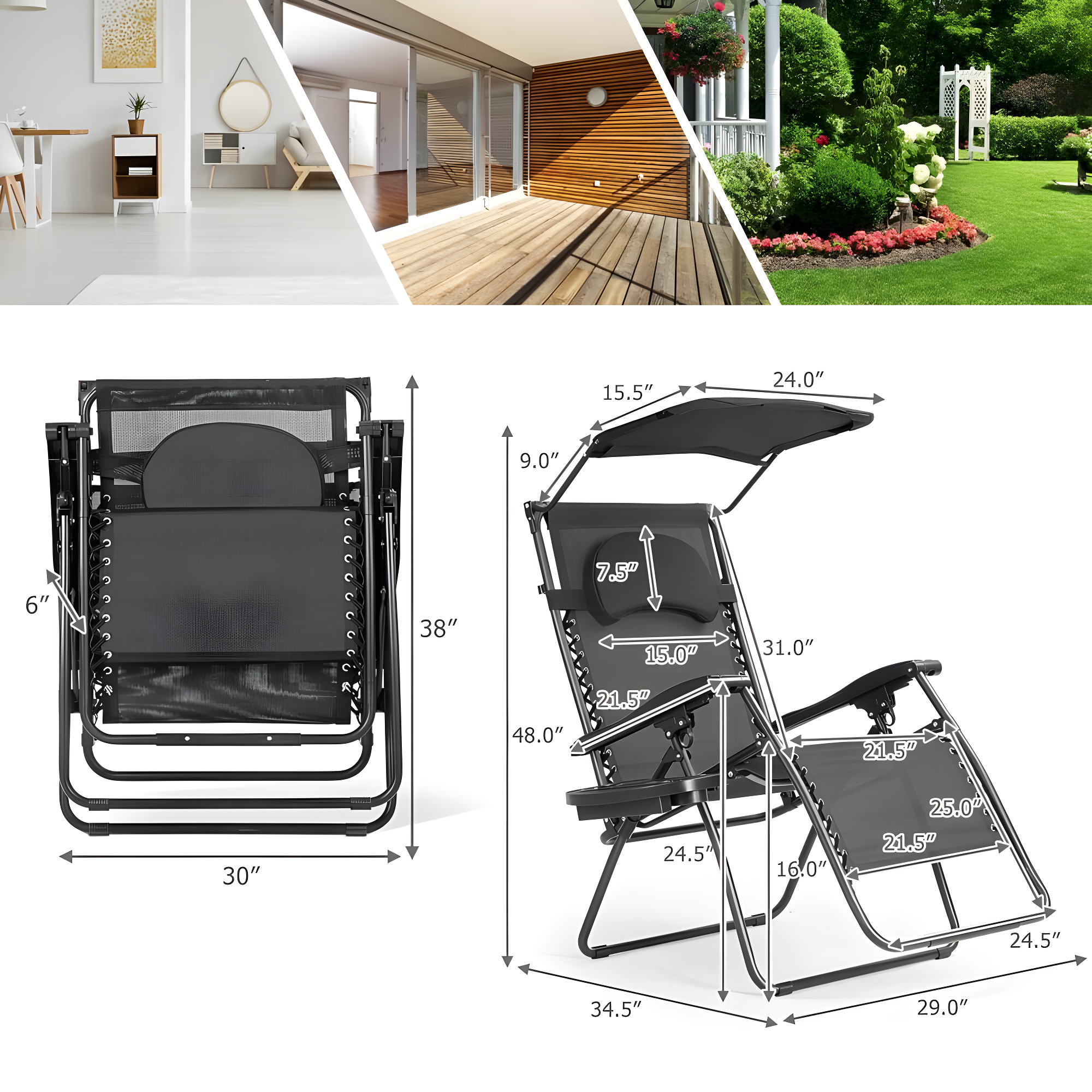 Arlmont & Co. Outdoor Folding Recliner Lounge Chair with Shade Canopy And Cup Holder